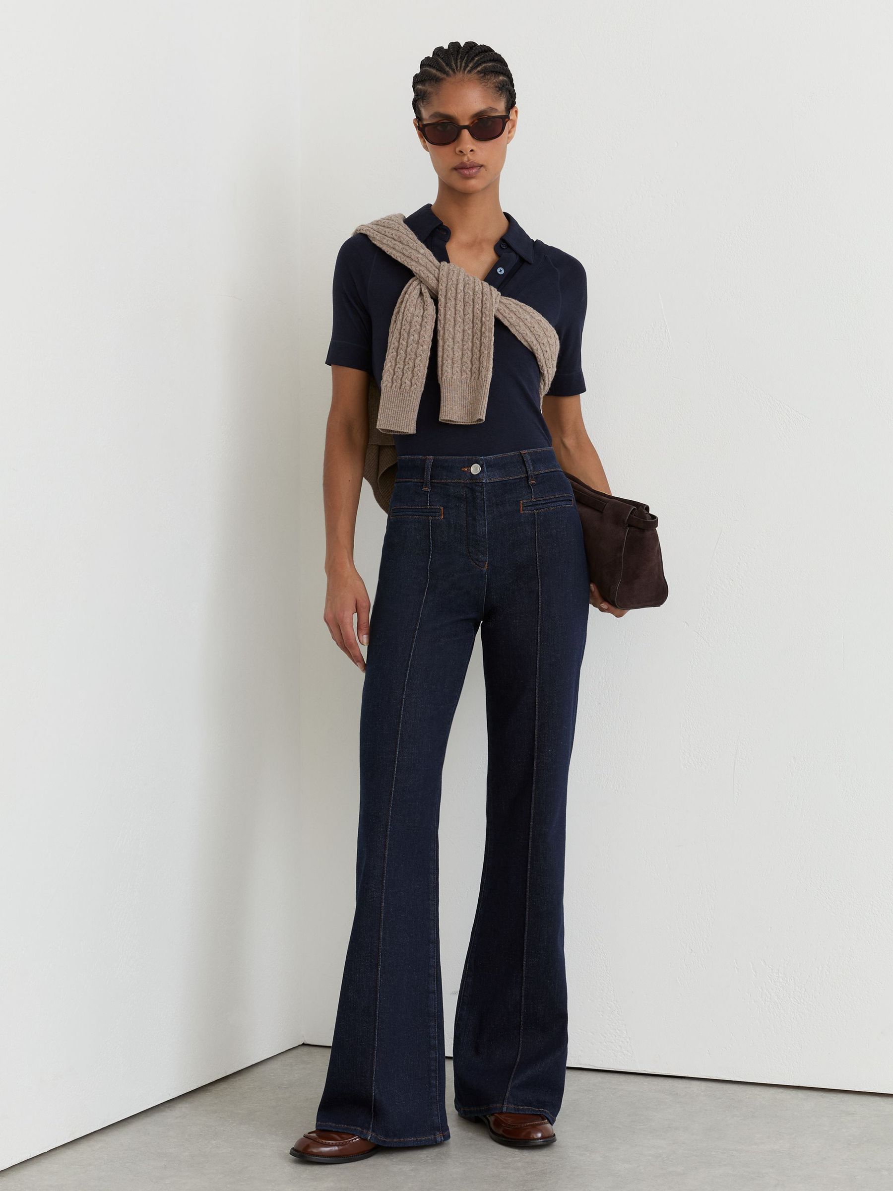Petite Pintuck-Detail Flared Jeans in Dark Blue - Image 5 of 7