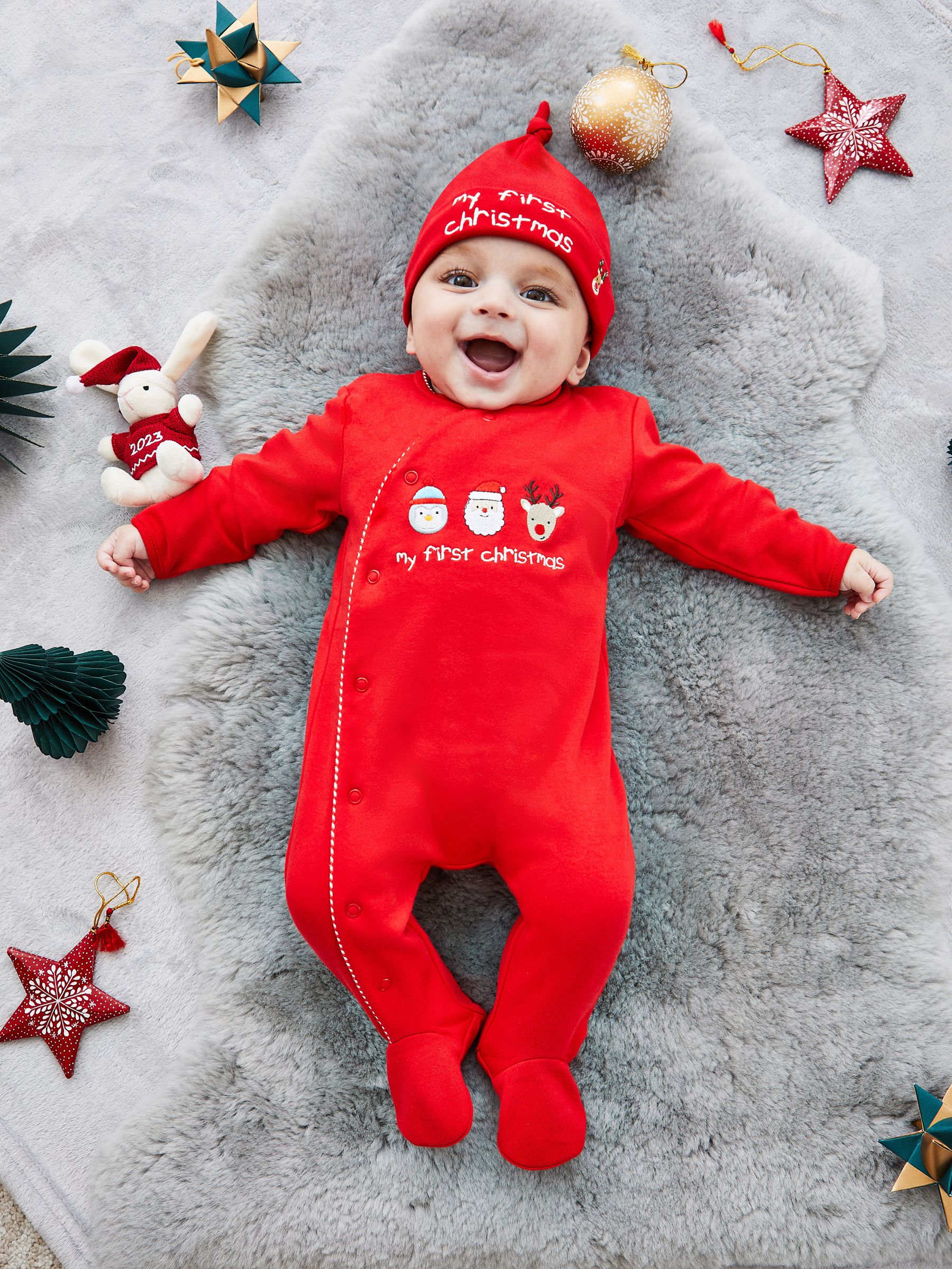 Red My First Christmas Cotton Baby Sleepsuit JoJo Maman Bébé