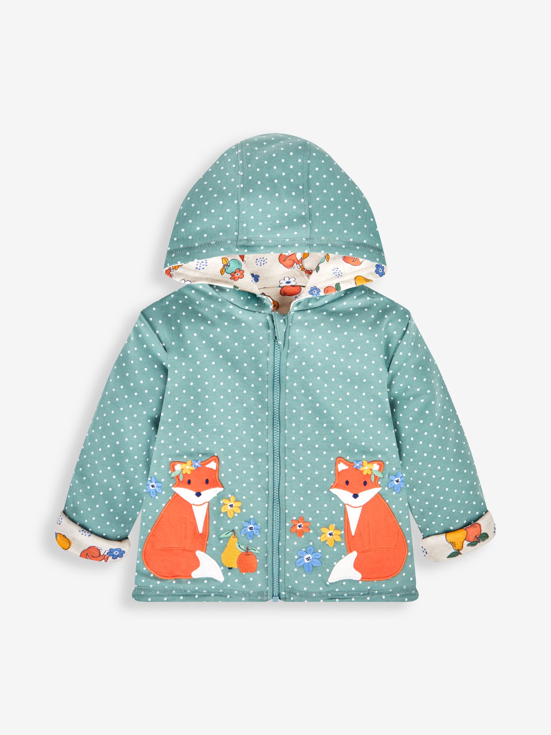 Green Fox & Fruit Appliqué Reversible Hoodie With Pet In Pocket - Image 2 of 7