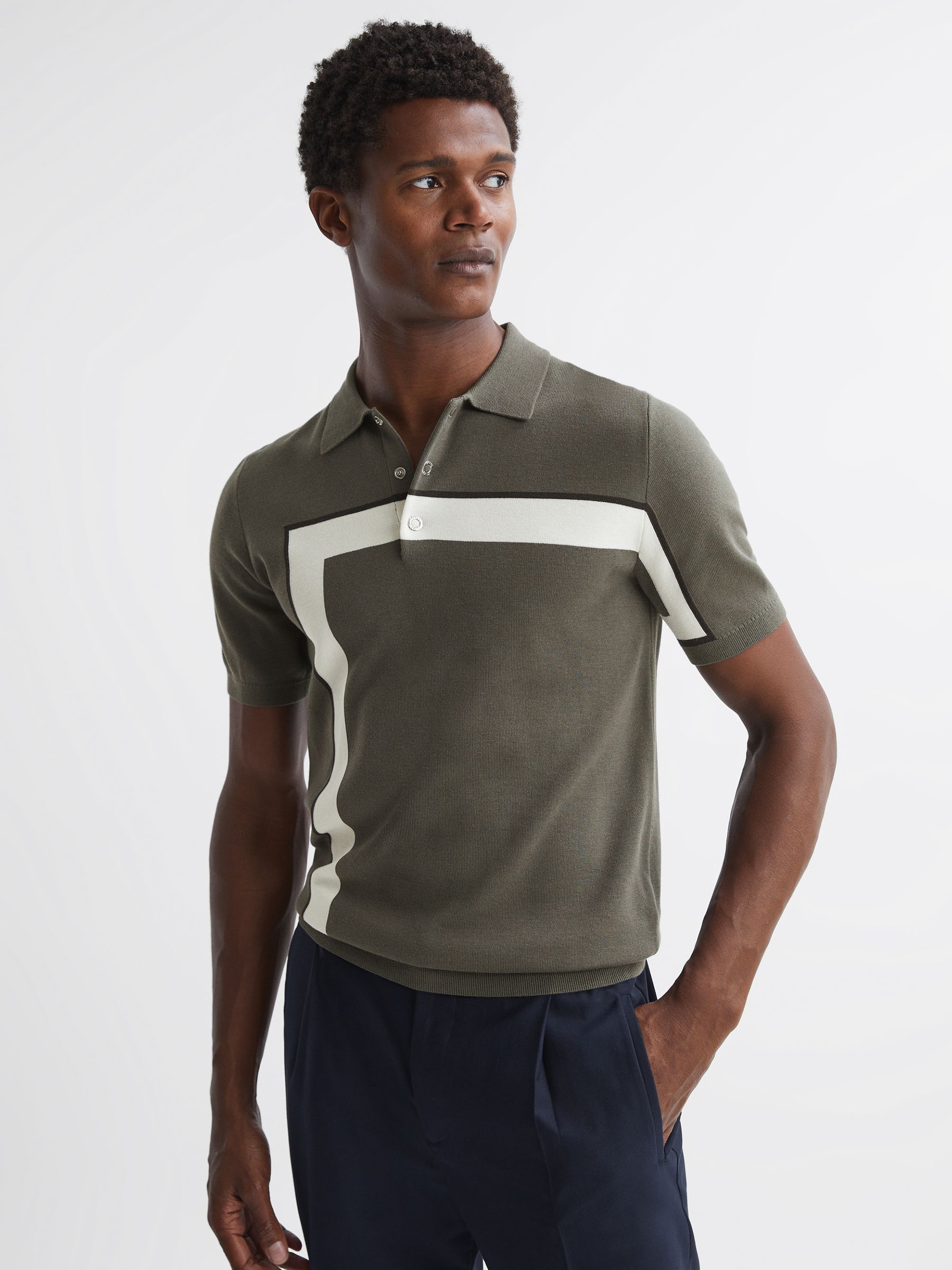 Striped Polo T-Shirt in Sage - Image 1 of 4