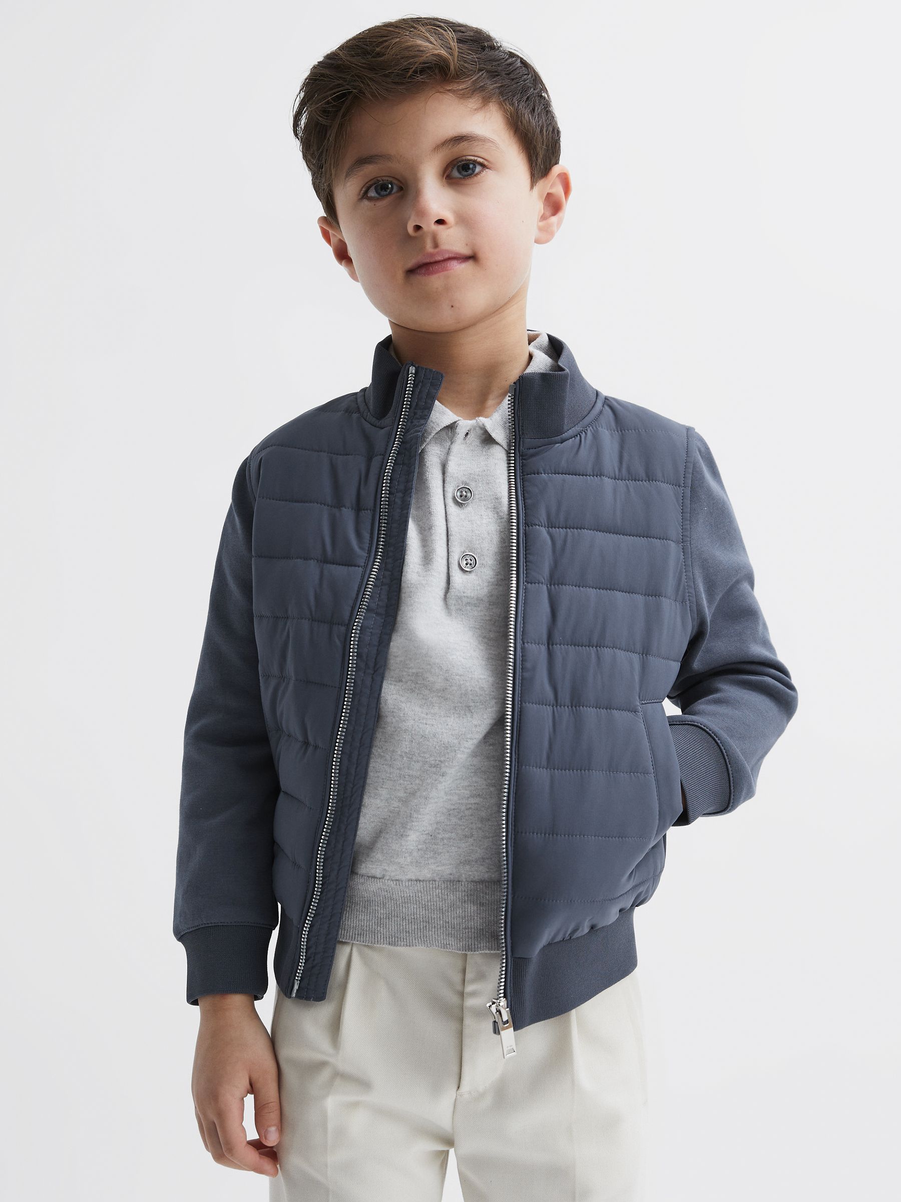 Funnel Neck Quilted Hybrid Jacket in Airforce Blue - Image 1 of 7