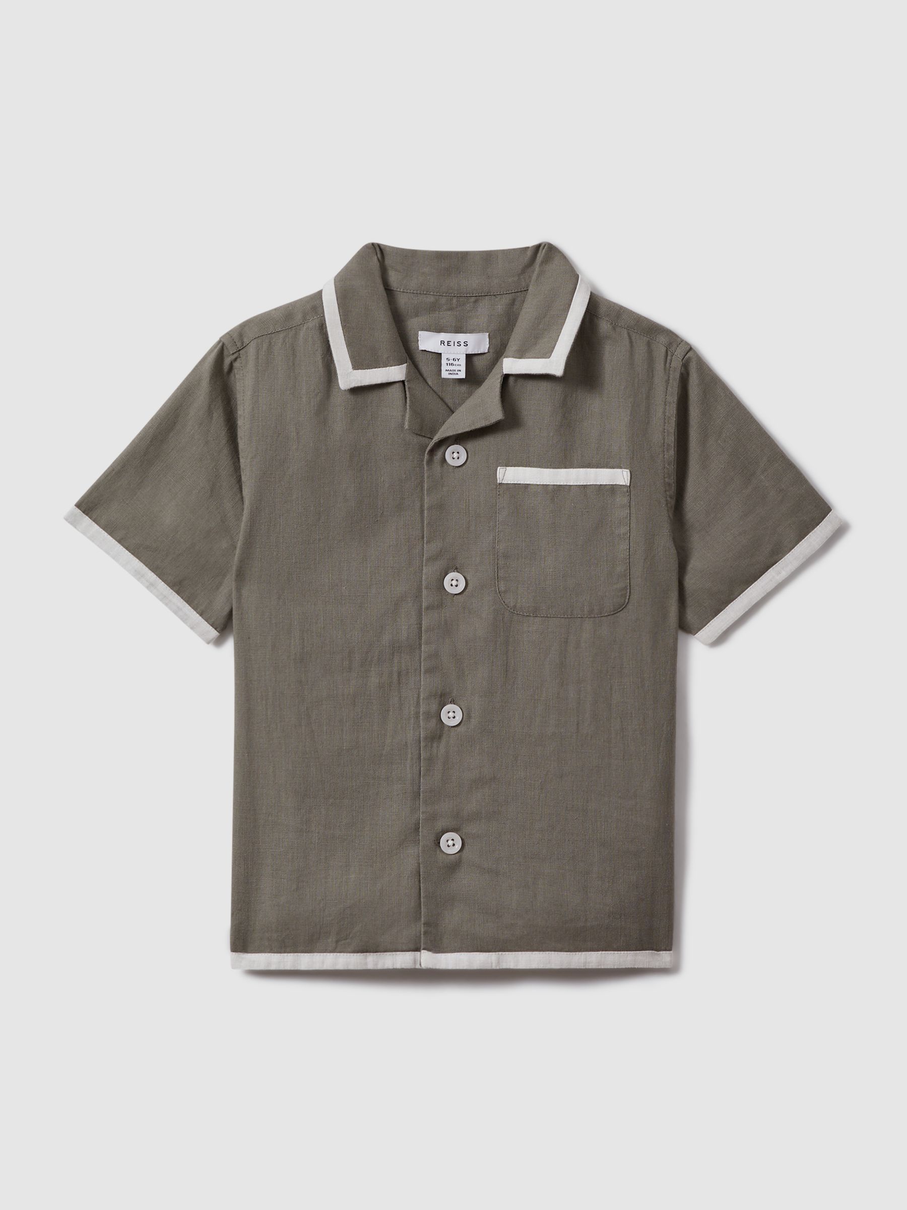 9-13 yrs Linen Contrast Cuban Collar Shirt in Khaki/White - Image 2 of 4