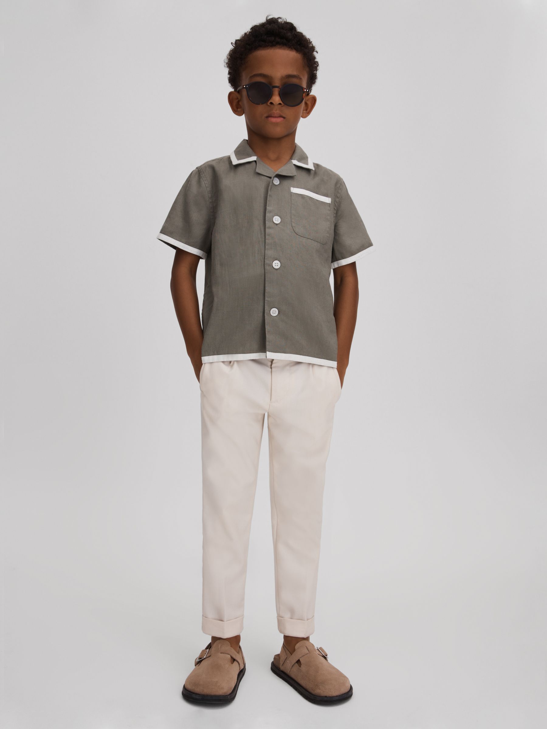 9-13 yrs Linen Contrast Cuban Collar Shirt in Khaki/White - Image 3 of 4