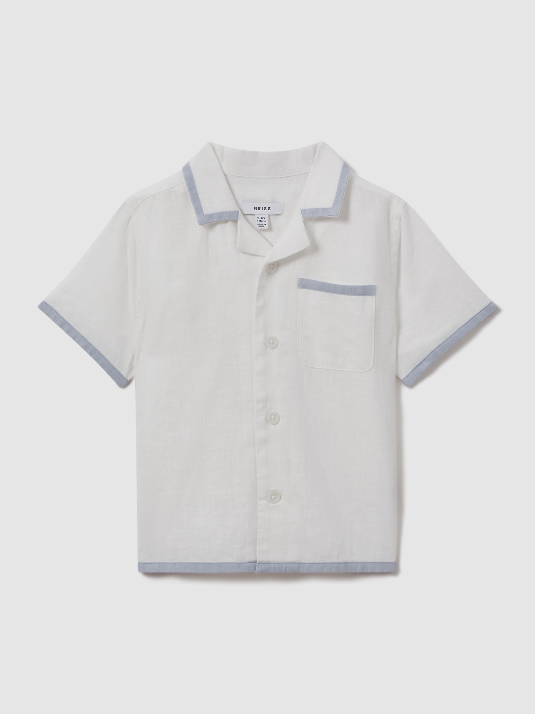 9-13 yrs Linen Contrast Cuban Collar Shirt in White/Soft Blue - Image 1 of 3