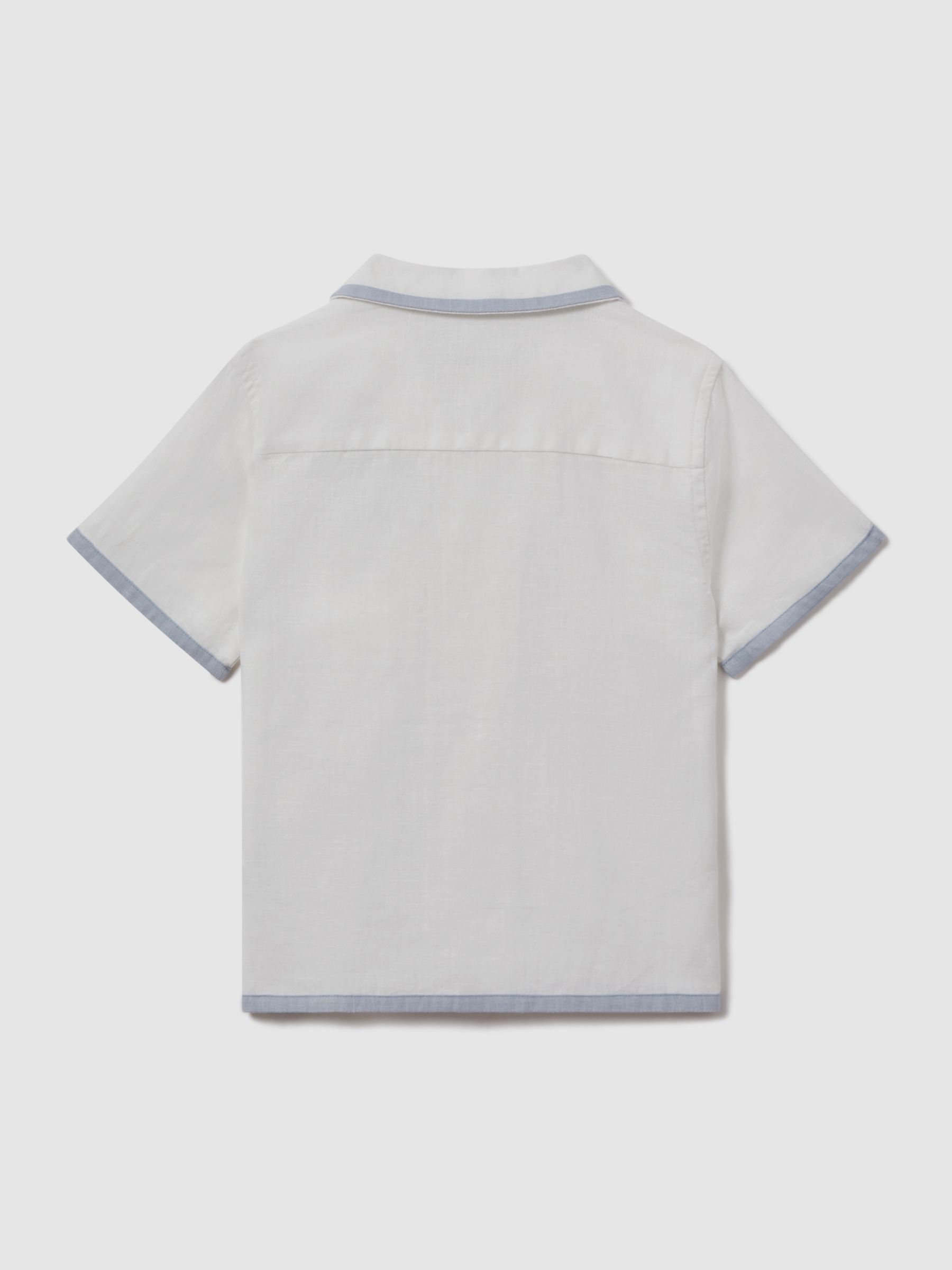 9-13 yrs Linen Contrast Cuban Collar Shirt in White/Soft Blue - Image 2 of 3