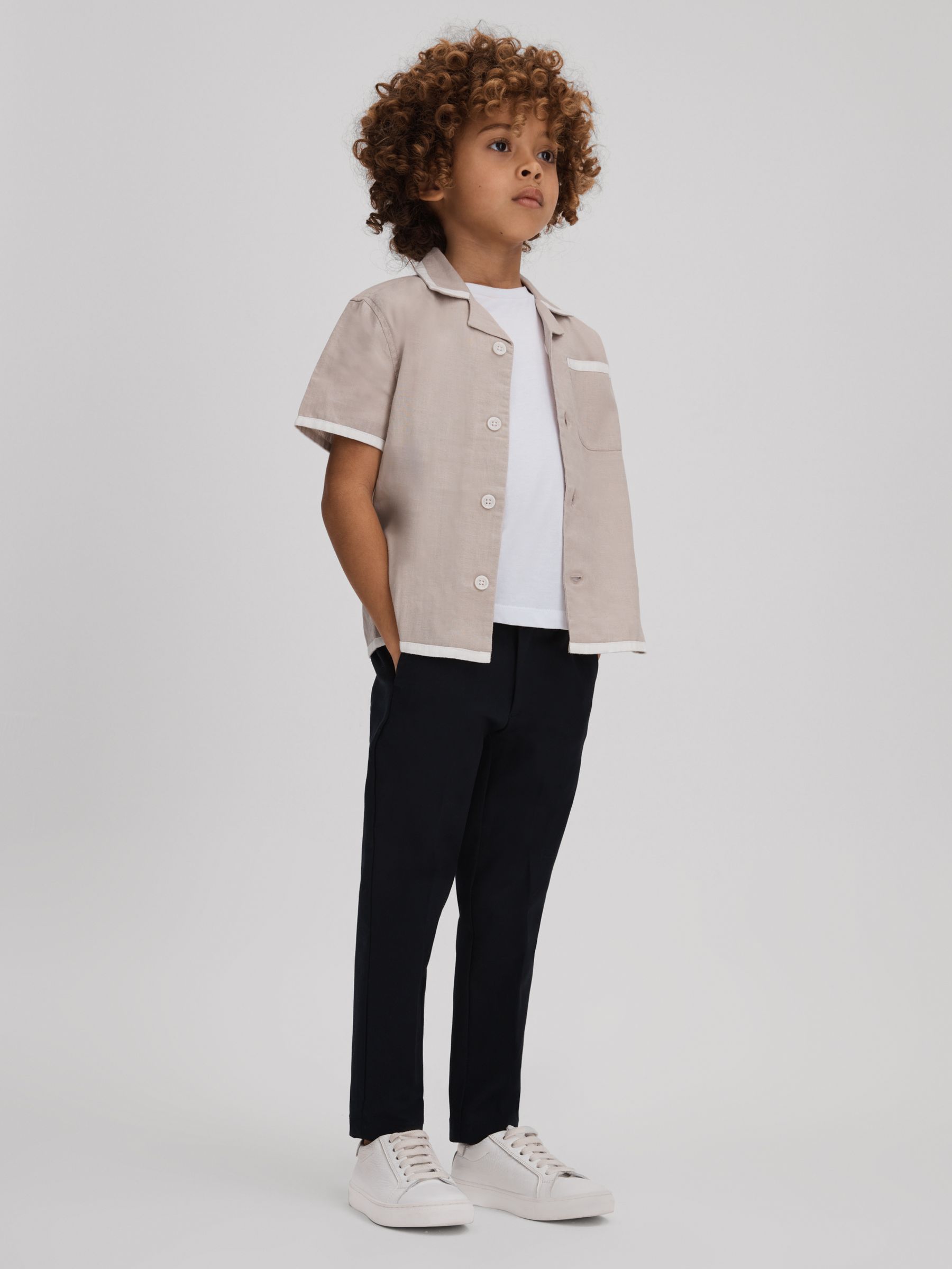 9-13 yrs Linen Contrast Cuban Collar Shirt in Stone/White - Image 1 of 4