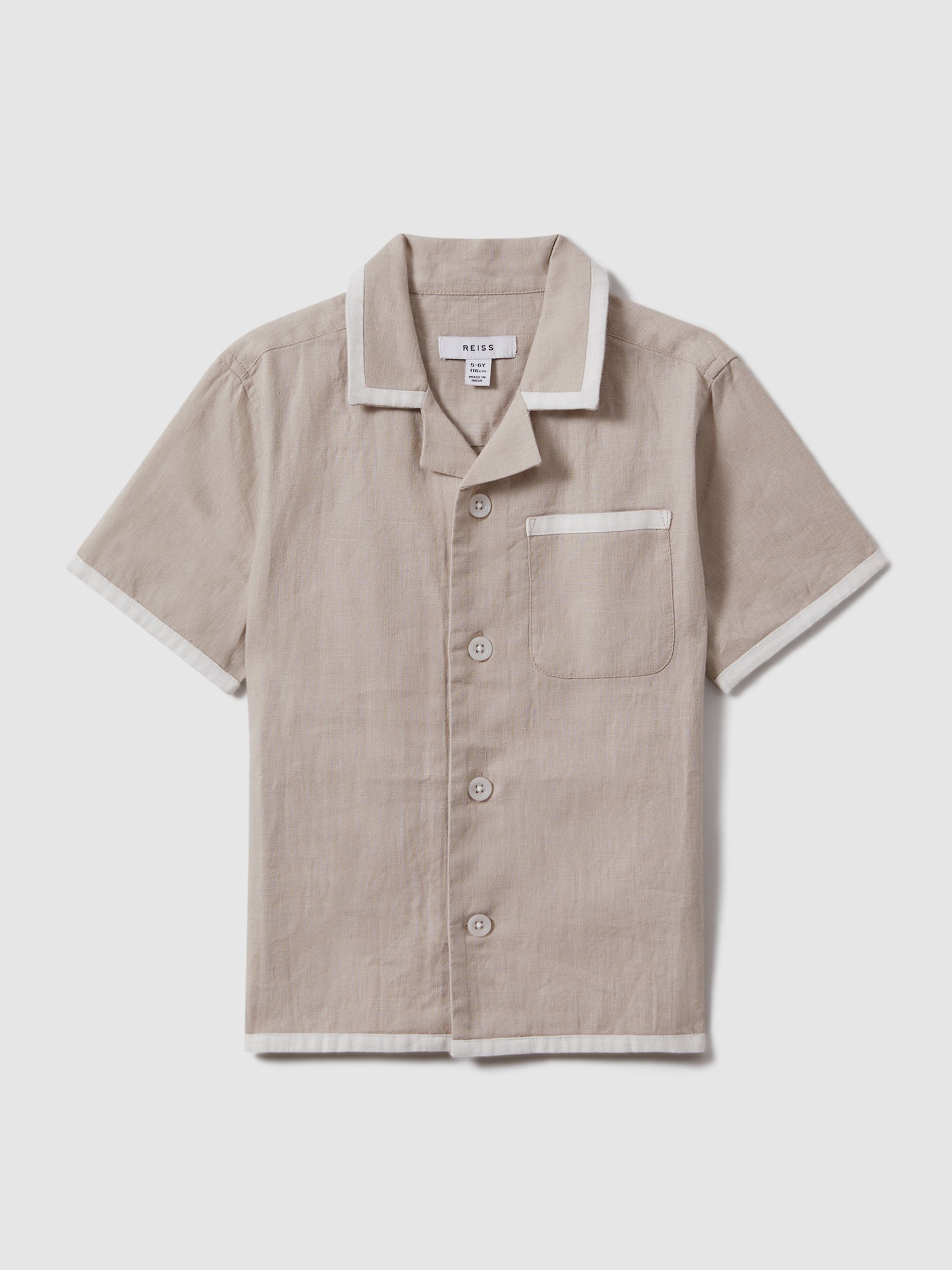 9-13 yrs Linen Contrast Cuban Collar Shirt in Stone/White - Image 2 of 4