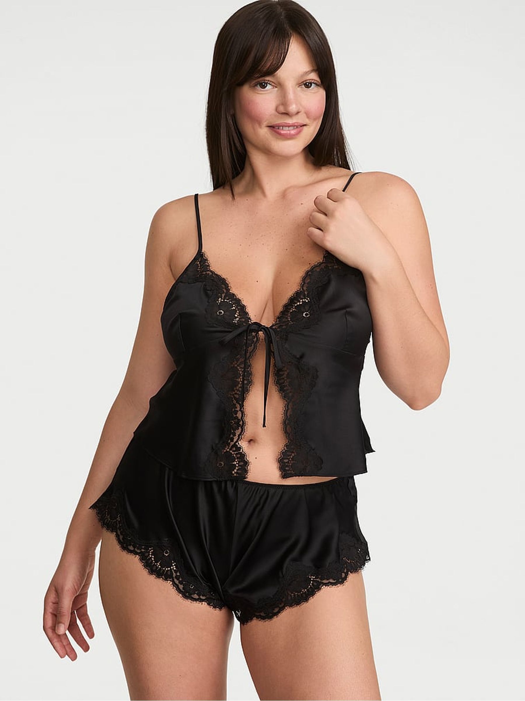 Black Satin Lace Trim Flyaway Cami Flutter Shorts Set - Image 1 of 2