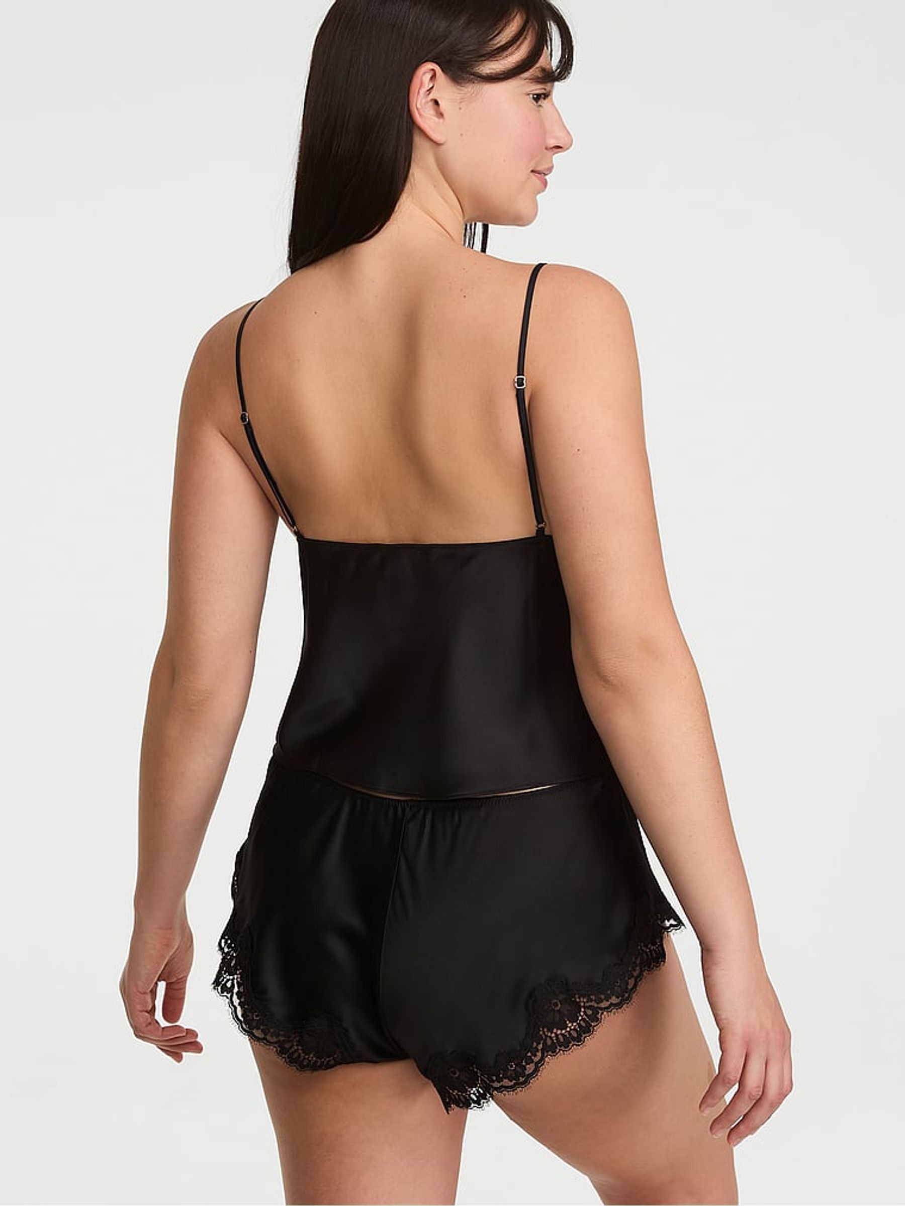 Black Satin Lace Trim Flyaway Cami Flutter Shorts Set - Image 2 of 2