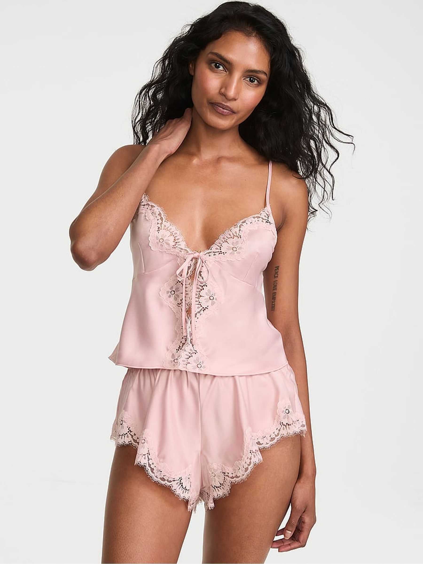 Chalk Rose Pink Satin Lace Trim Flyaway Cami Flutter Shorts Set - Image 1 of 2 Chalk Rose Pink Satin Lace Trim Flyaway Cami Flutter Shorts Set - Image 1 of 2