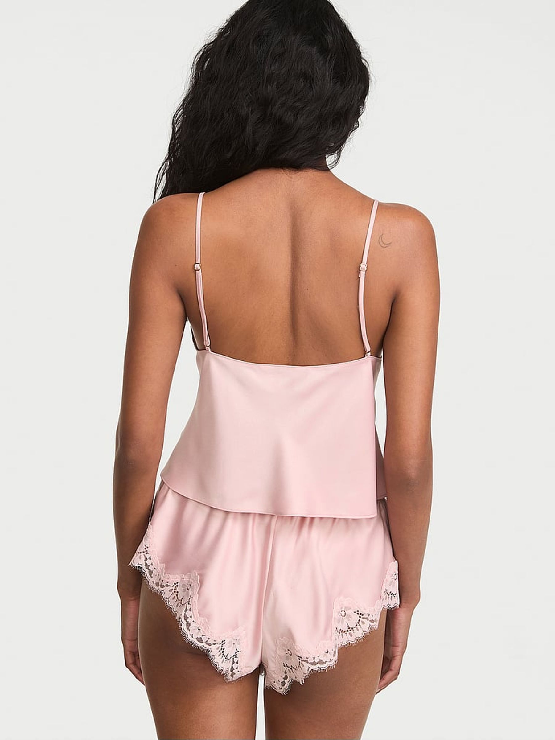 Chalk Rose Pink Satin Lace Trim Flyaway Cami Flutter Shorts Set - Image 2 of 2 Chalk Rose Pink Satin Lace Trim Flyaway Cami Flutter Shorts Set - Image 2 of 2