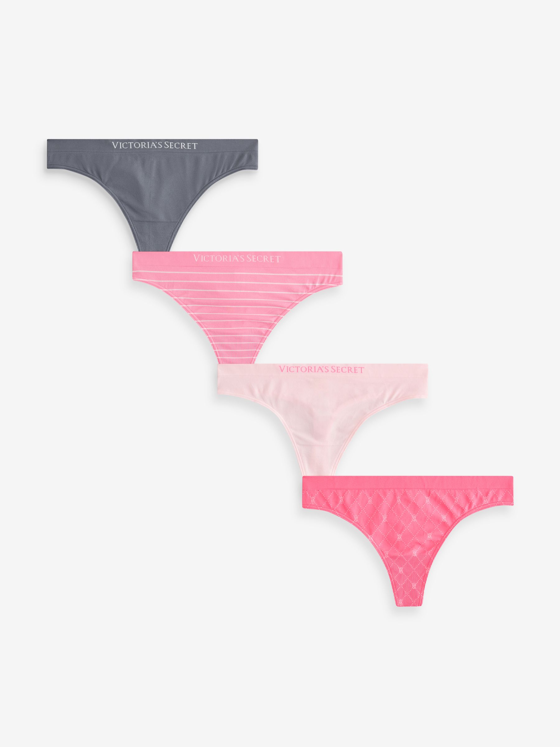 Grey & Pink Thong 4 Pack Logo Knickers - Image 1 of 9 Grey & Pink Thong 4 Pack Logo Knickers - Image 1 of 9