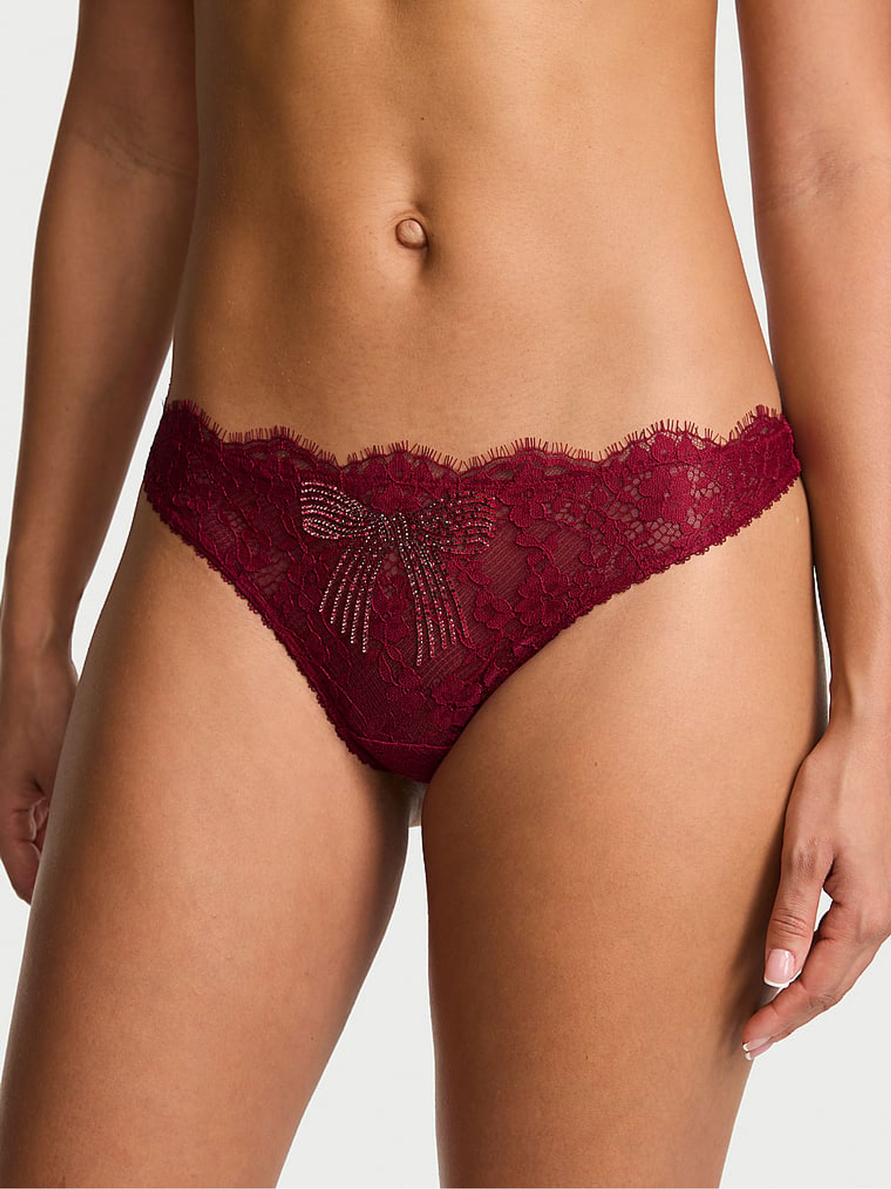 Red Lacquer Thong Shine Bow Lace Knickers - Image 1 of 2