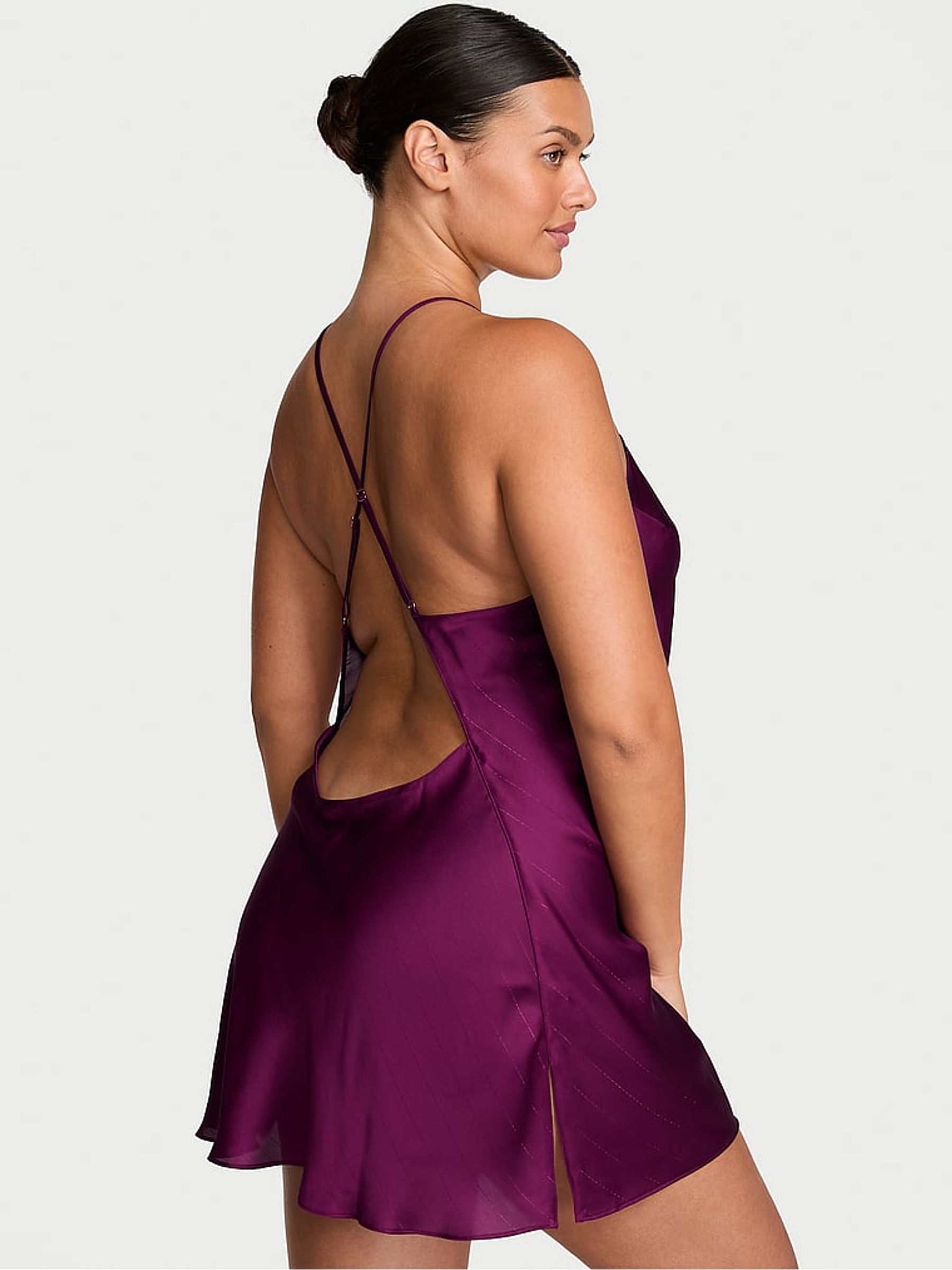 Rhubarb Purple Shimmery Short Satin Open Back Slip - Image 2 of 2 Rhubarb Purple Shimmery Short Satin Open Back Slip - Image 2 of 2
