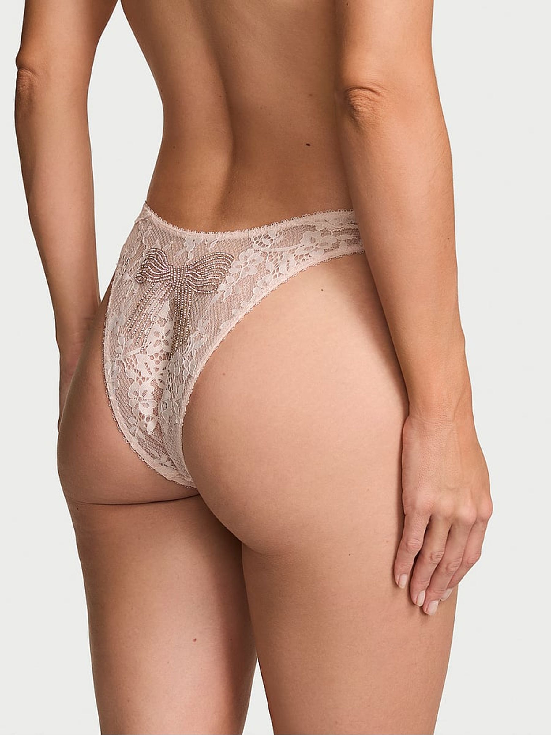 Sheer Blush Pink Brazilian Shine Bow Lace Knickers - Image 2 of 2 Sheer Blush Pink Brazilian Shine Bow Lace Knickers - Image 2 of 2