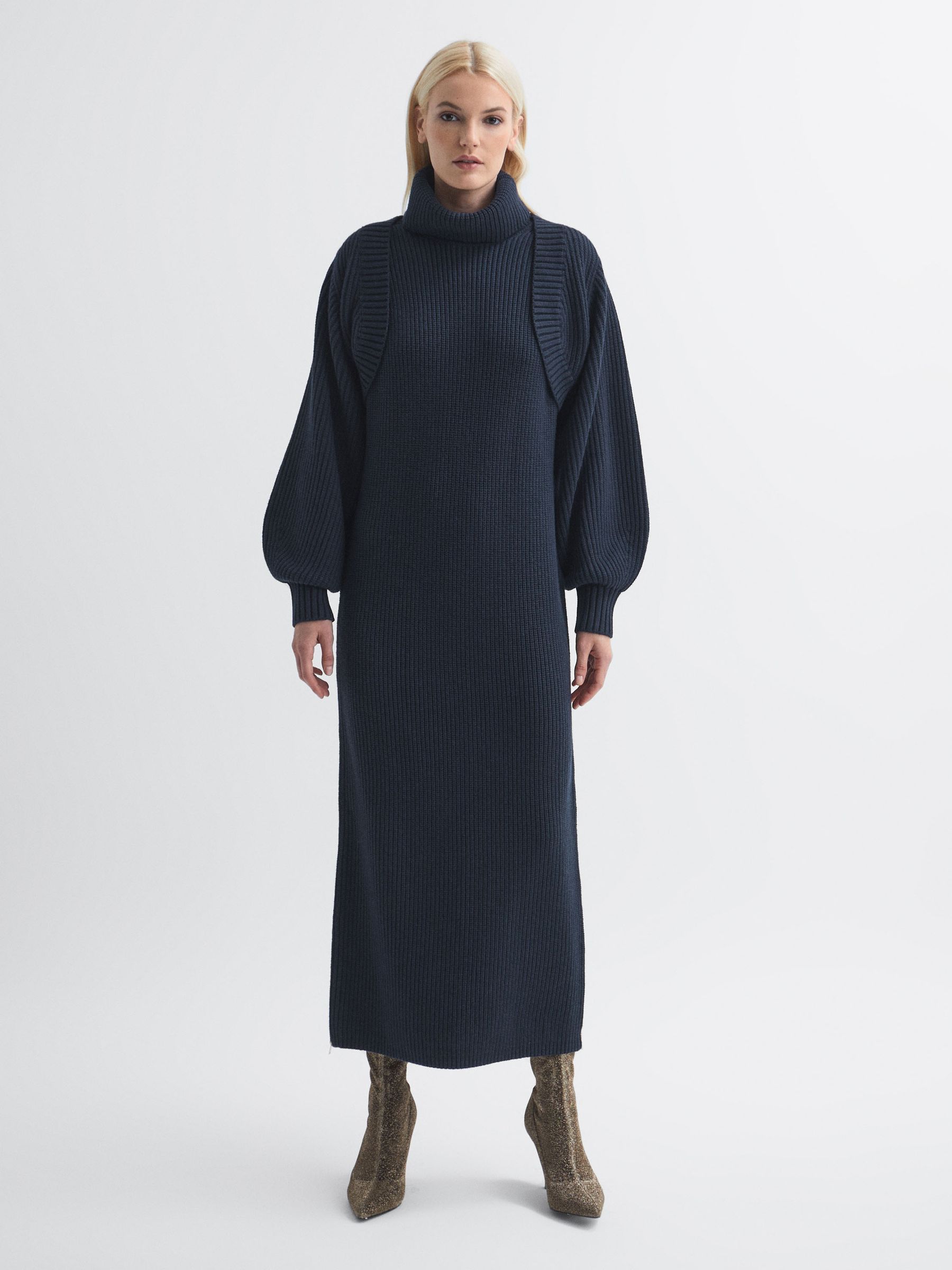 Florere Knitted Blouson Sleeve Shrug in Navy - Image 1 of 6