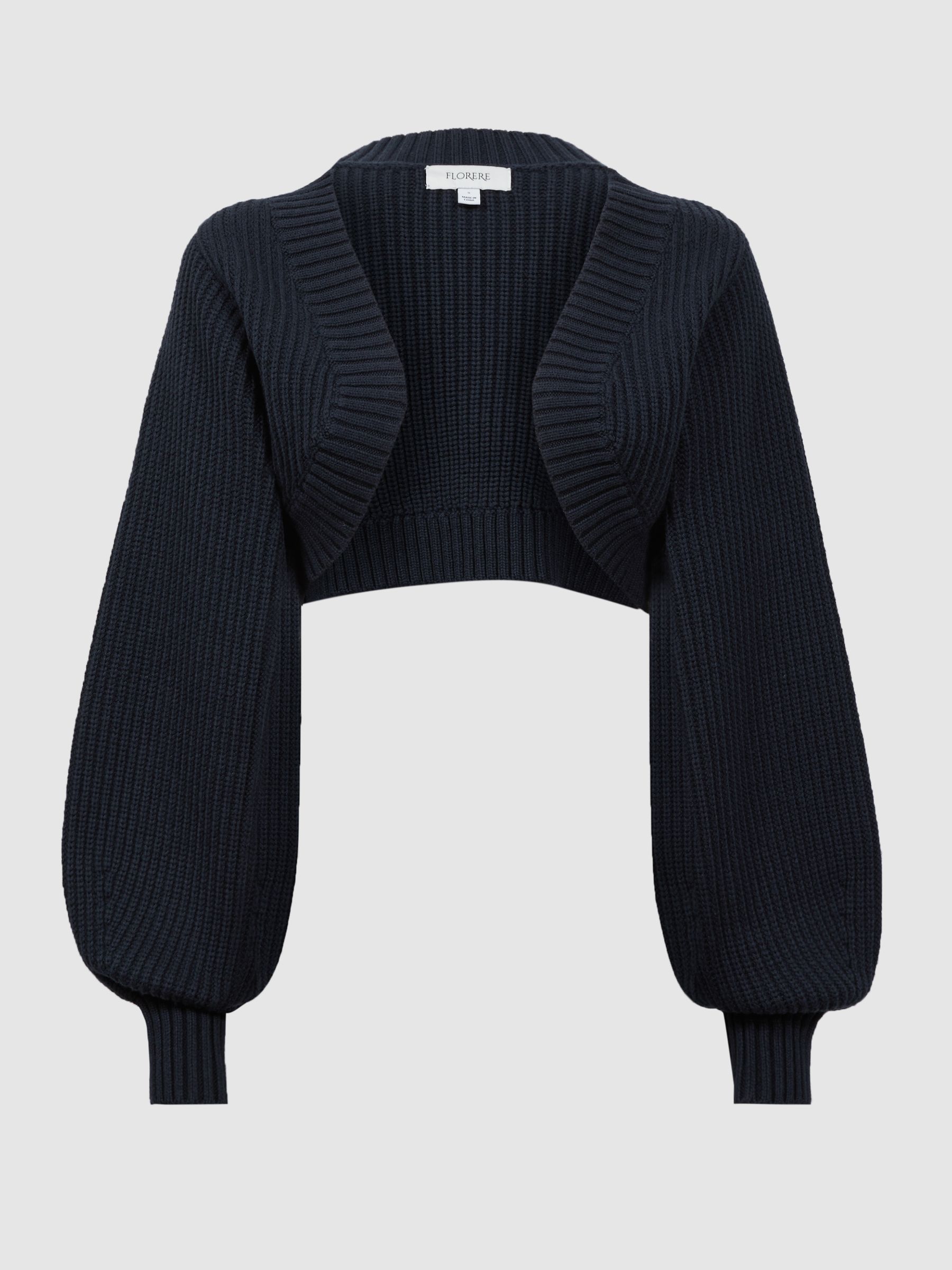 Florere Knitted Blouson Sleeve Shrug in Navy - Image 2 of 6 Florere Knitted Blouson Sleeve Shrug in Navy - Image 2 of 6