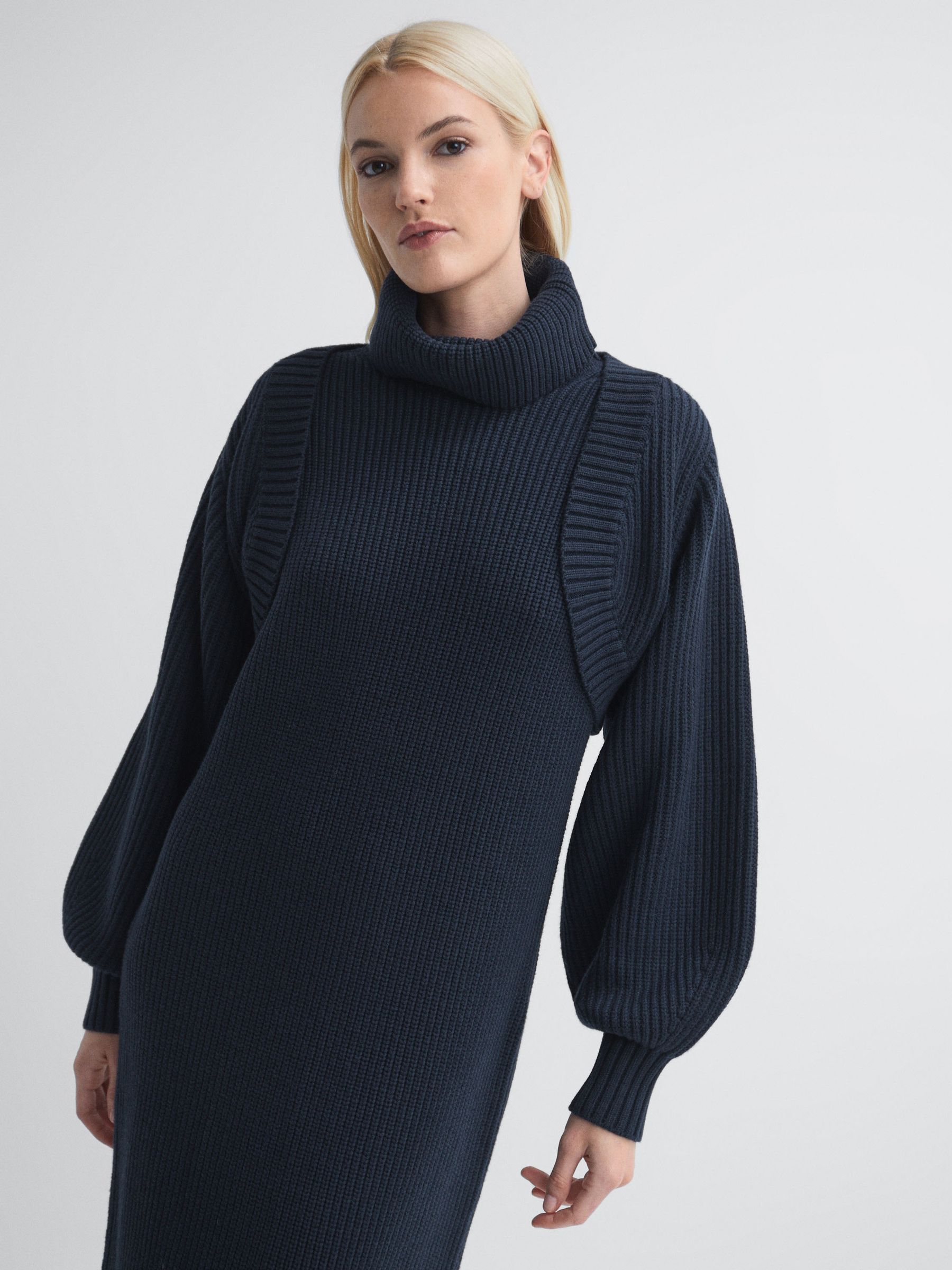 Florere Knitted Blouson Sleeve Shrug in Navy - Image 3 of 6