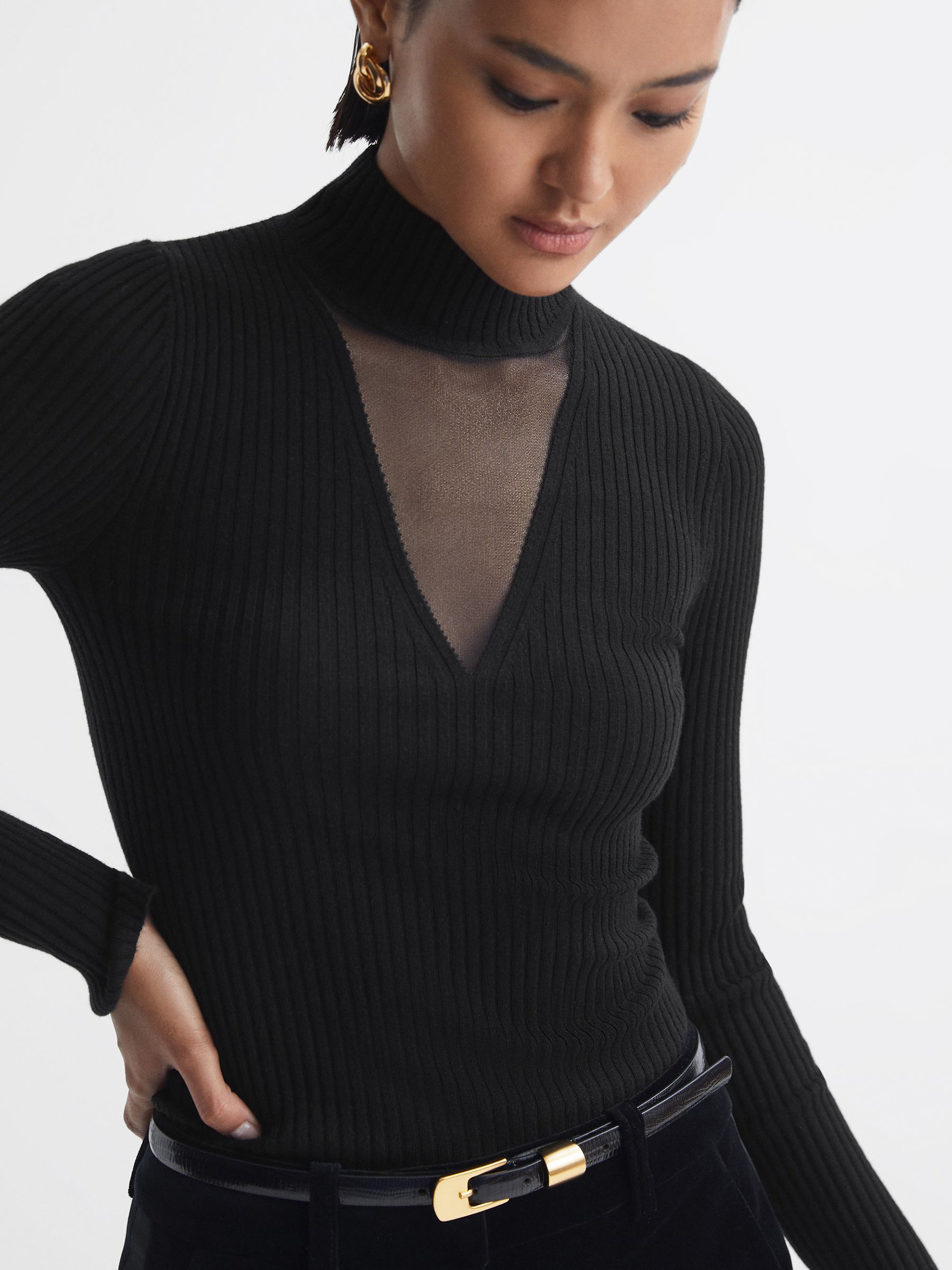 Fitted Wool Blend Mesh Top in Black - Image 1 of 5