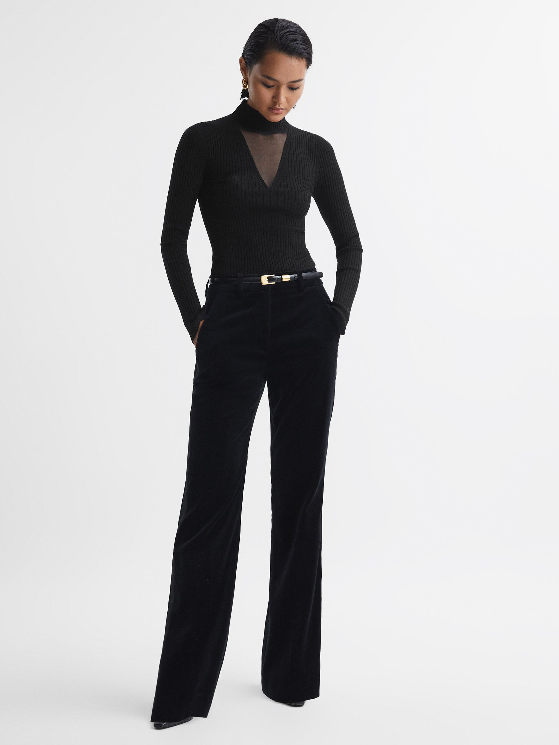 Fitted Wool Blend Mesh Top in Black - Image 3 of 5