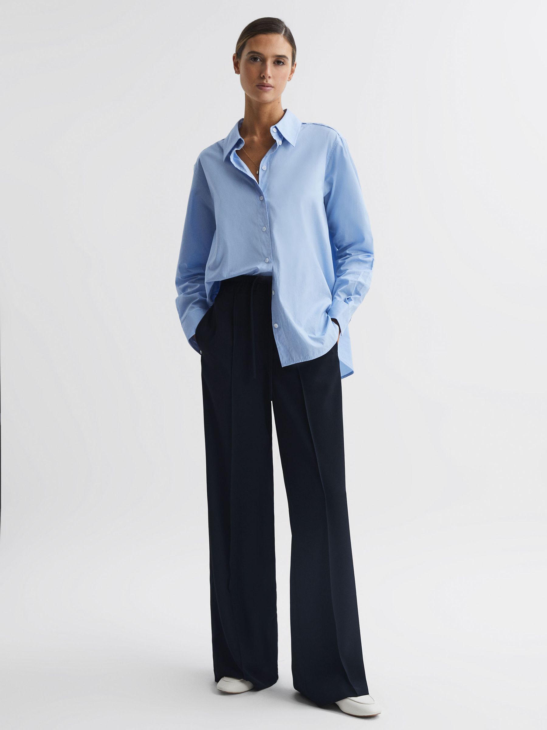Petite Wide Leg Drawstring Trousers in Navy - Image 3 of 6
