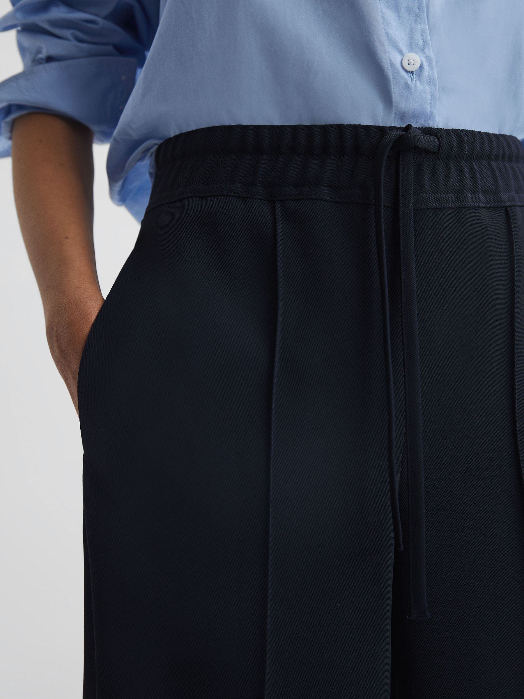 Petite Wide Leg Drawstring Trousers in Navy - Image 4 of 6