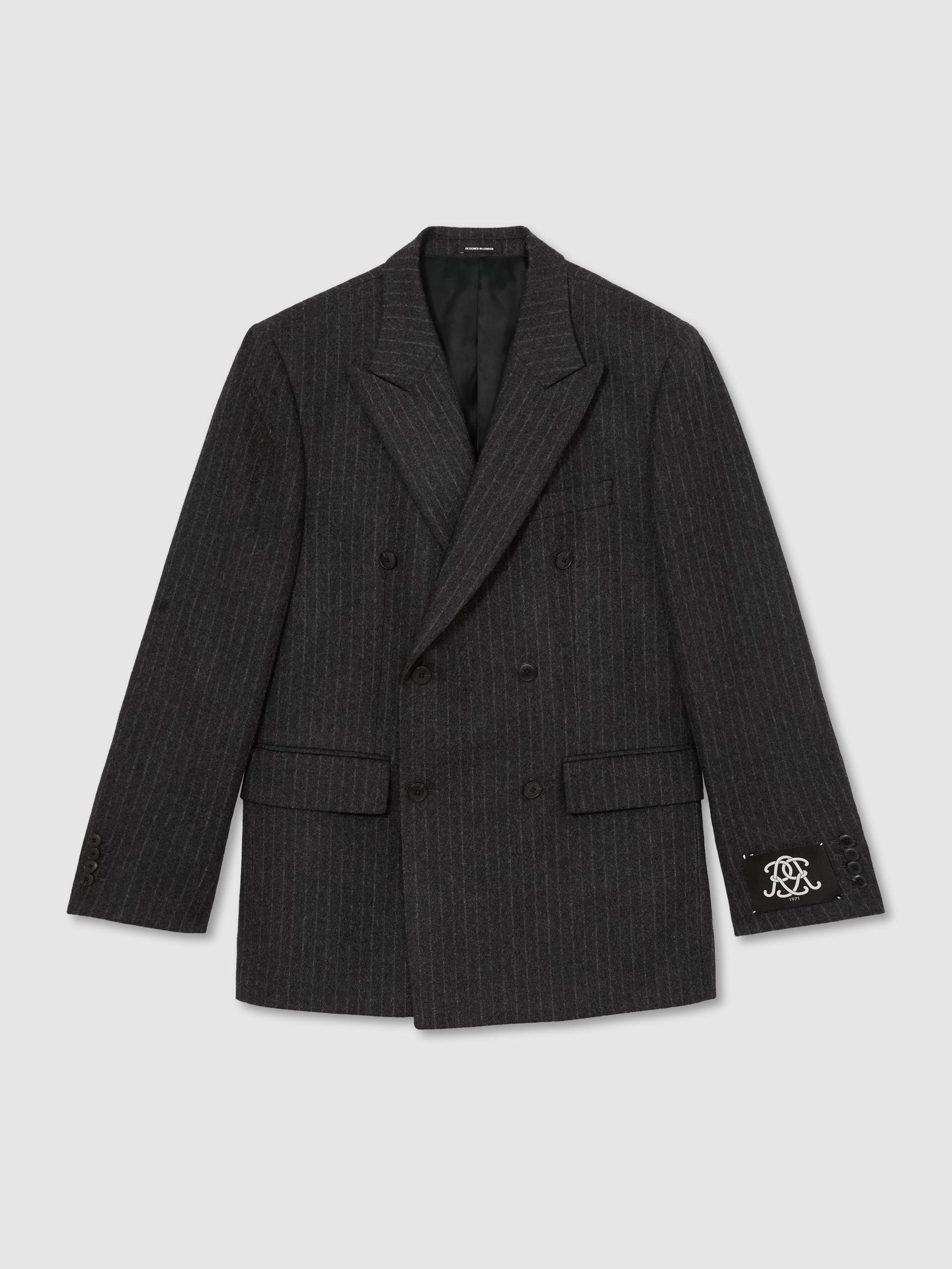 Monogram Wool-Blend Chalk-Stripe Double-Breasted Blazer Relaxed-Fit in Charcoal Grey - Image 2 de 9