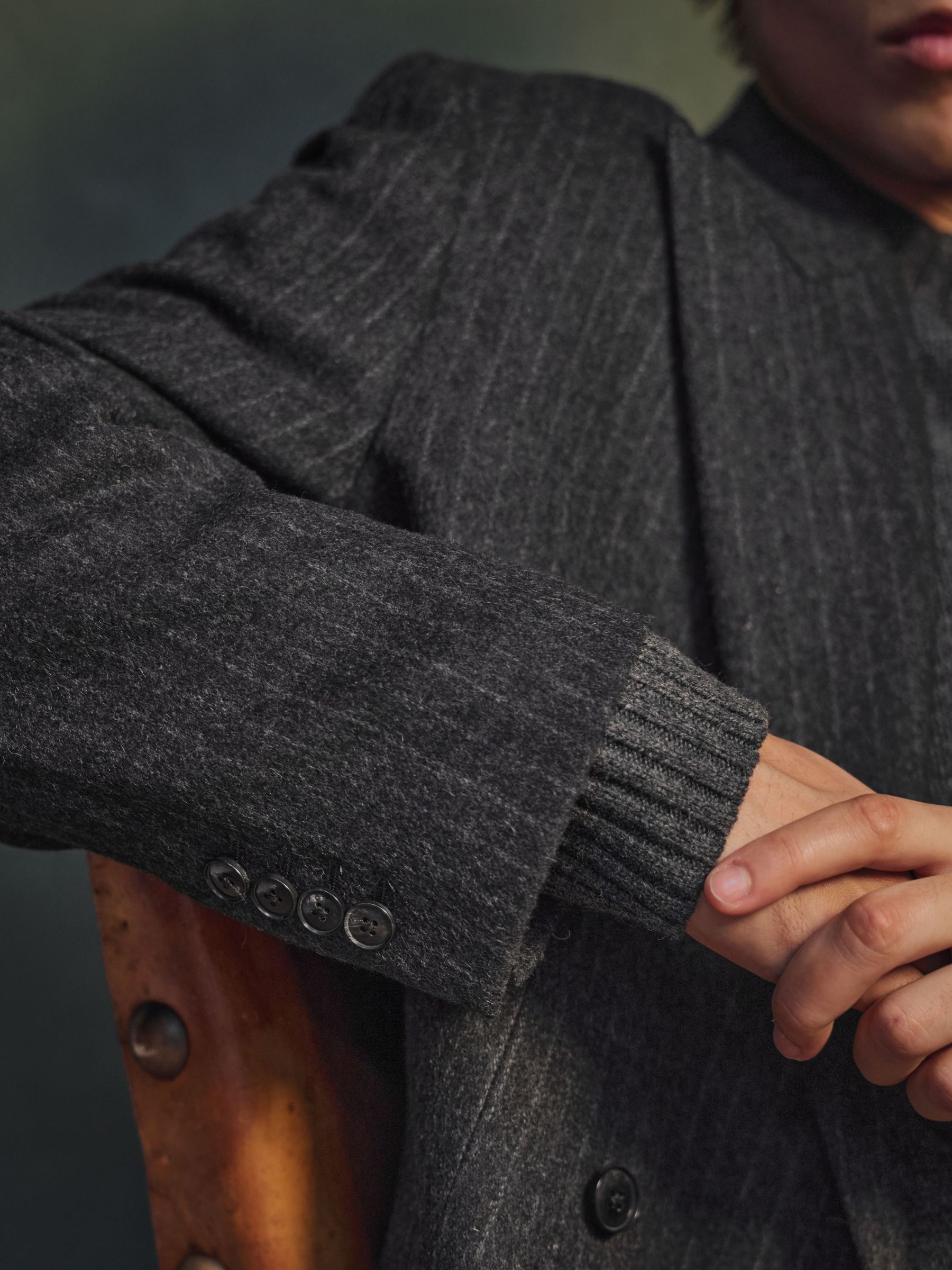 Monogram Wool-Blend Chalk-Stripe Double-Breasted Blazer Relaxed-Fit in Charcoal Grey - Image 9 de 9