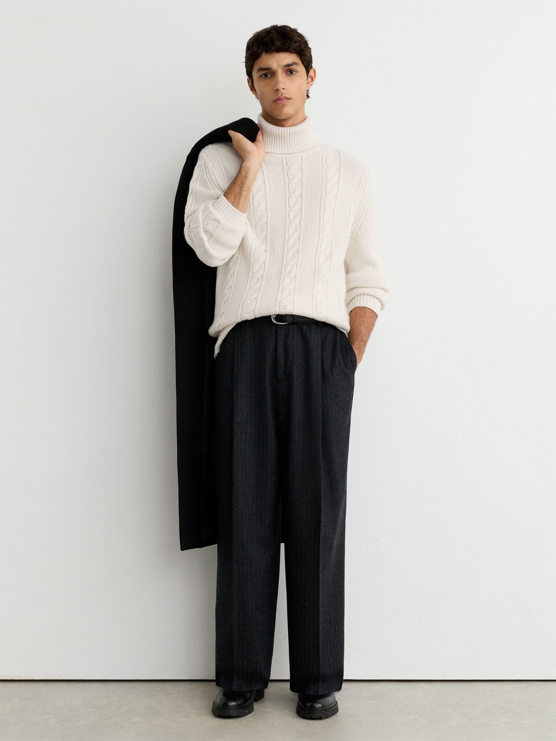 Cable-Knit Roll-Neck Jumper with Wool in White - Image 3 of 8