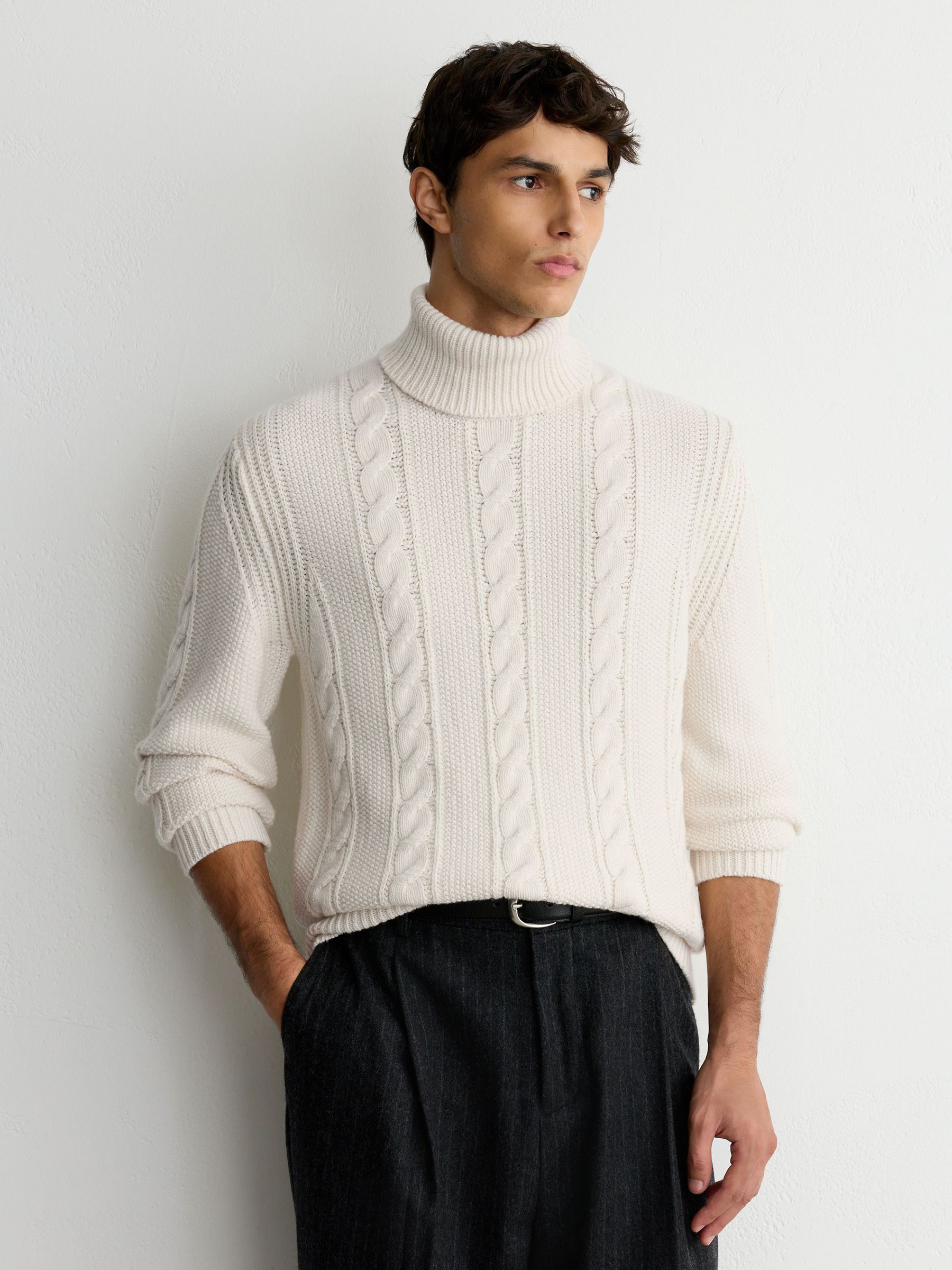Cable-Knit Roll-Neck Jumper with Wool in White - Image 4 of 8