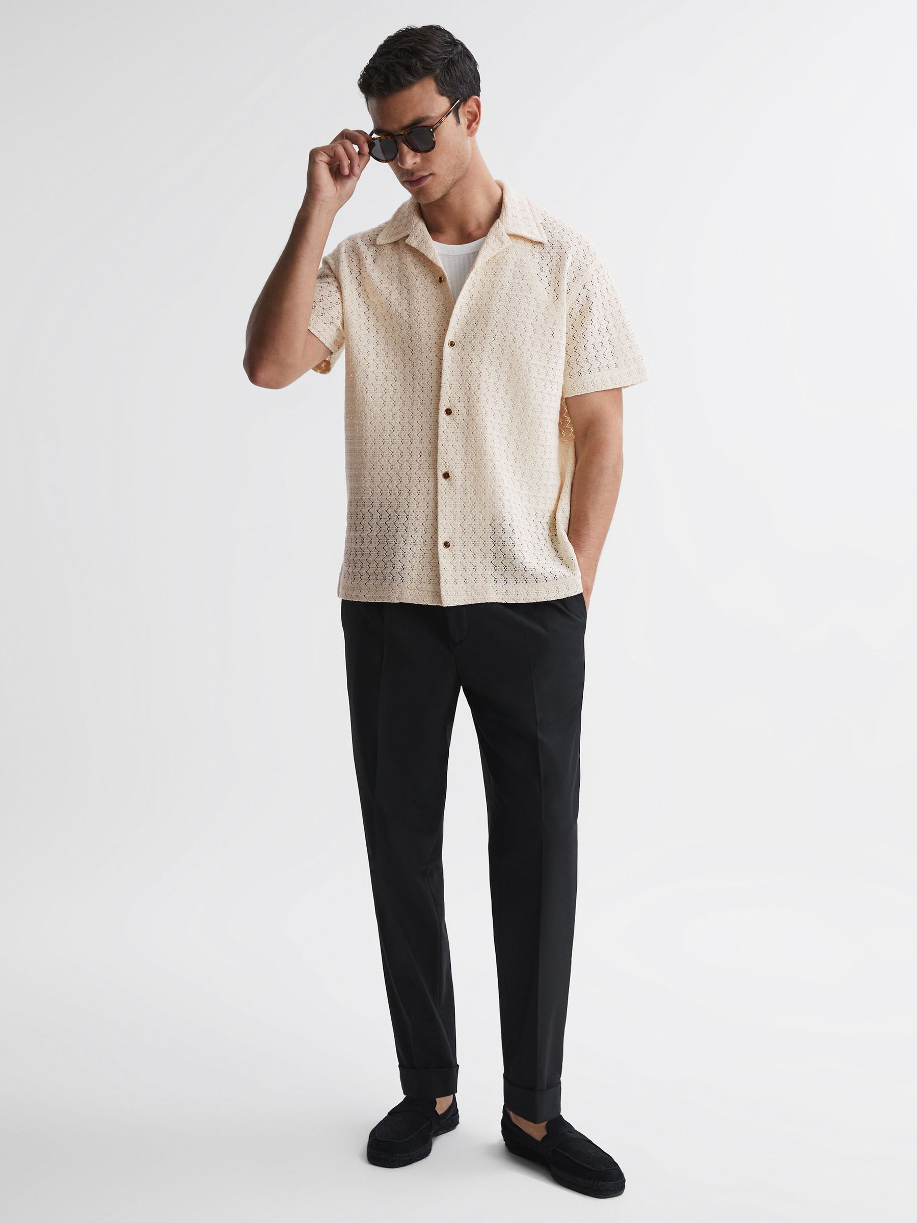 Crochet Cuban Collar Button Through T-Shirt in Ecru - Image 3 of 4