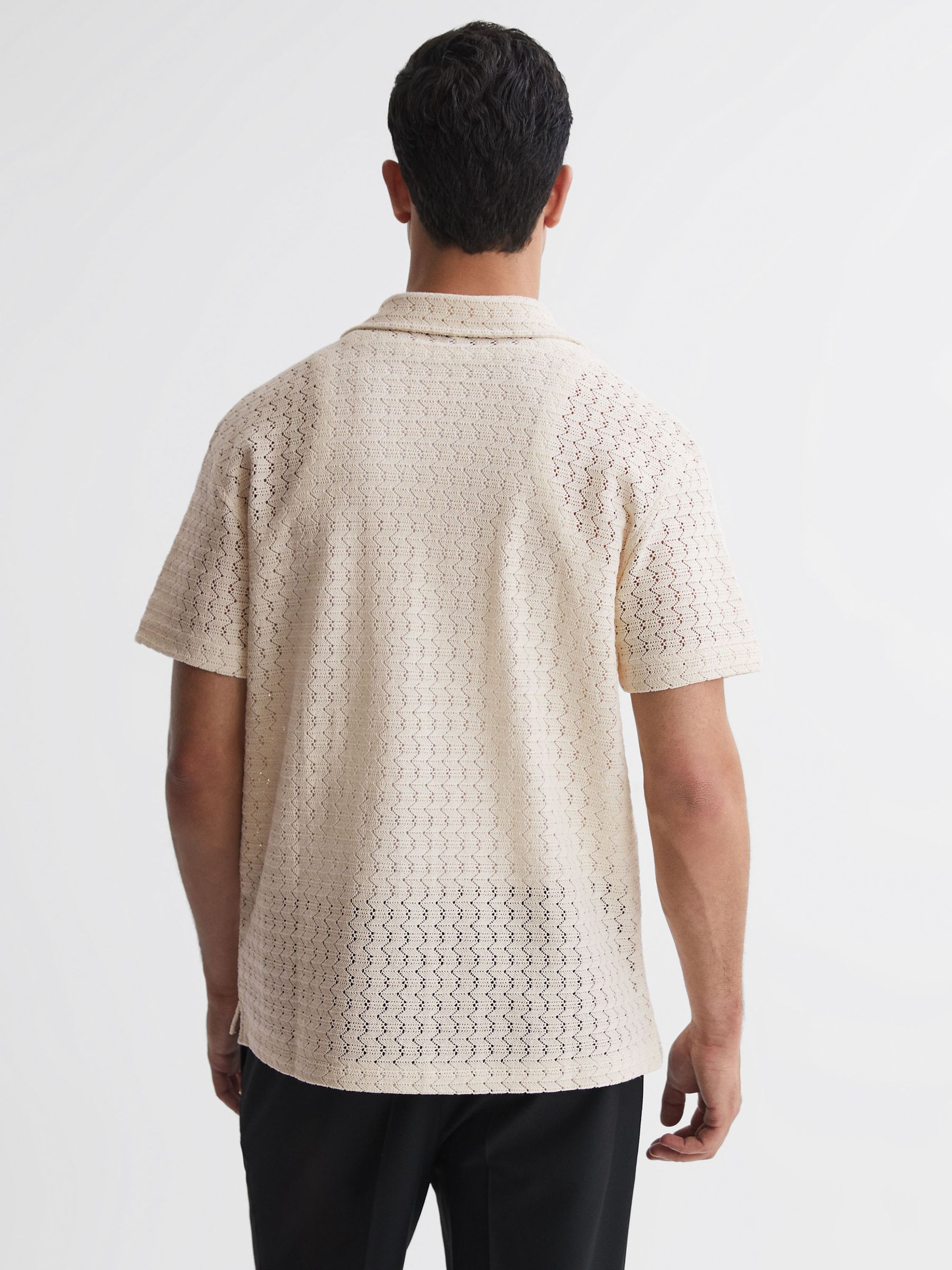 Crochet Cuban Collar Button Through T-Shirt in Ecru - Image 4 of 4