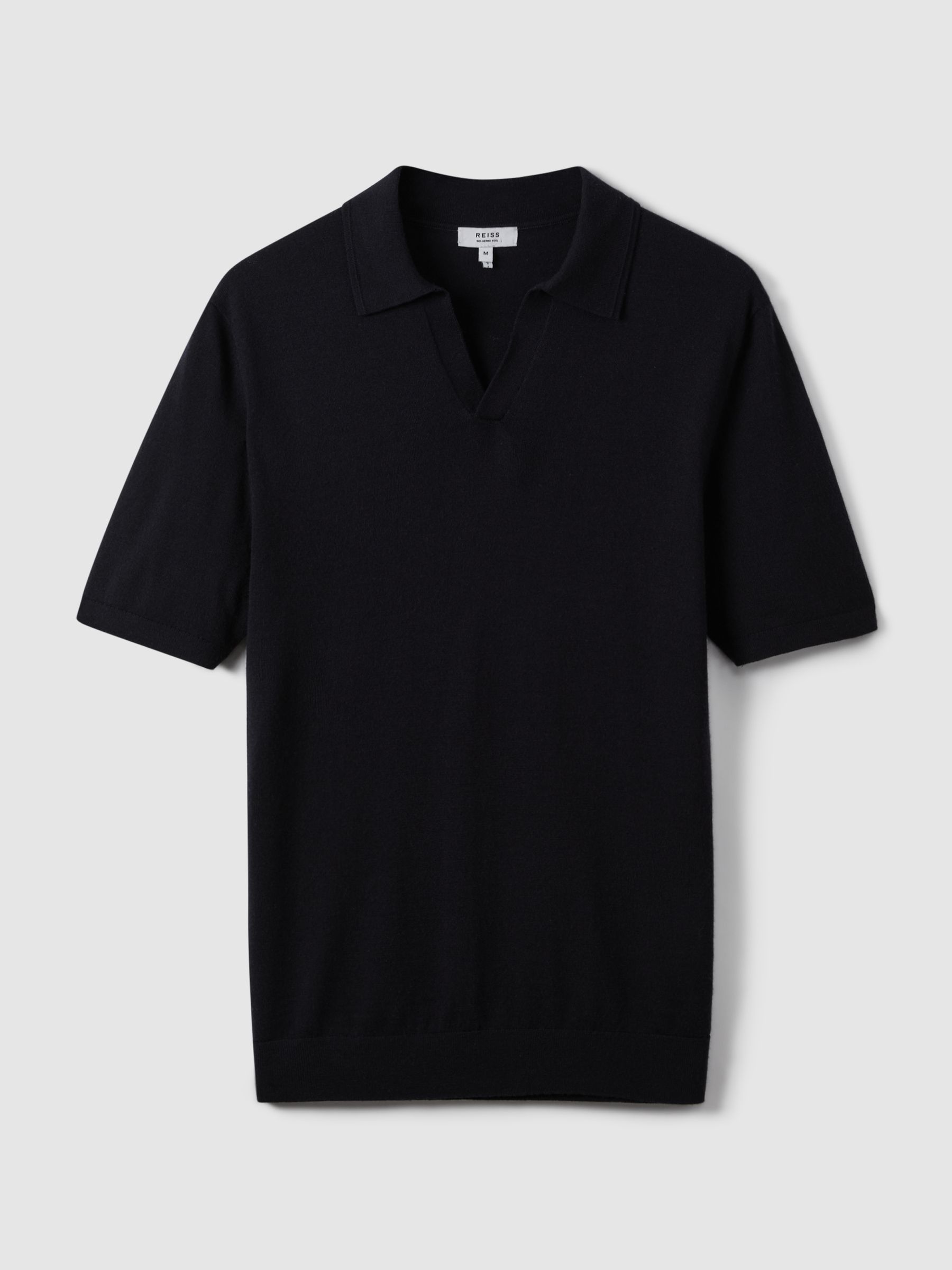 Merino Wool Open Collar Polo Shirt in Navy - Image 2 of 7