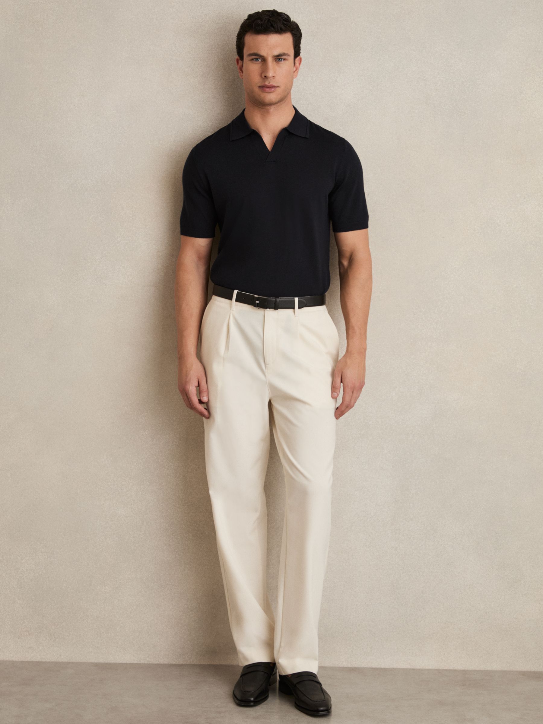 Merino Wool Open Collar Polo Shirt in Navy - Image 3 of 7