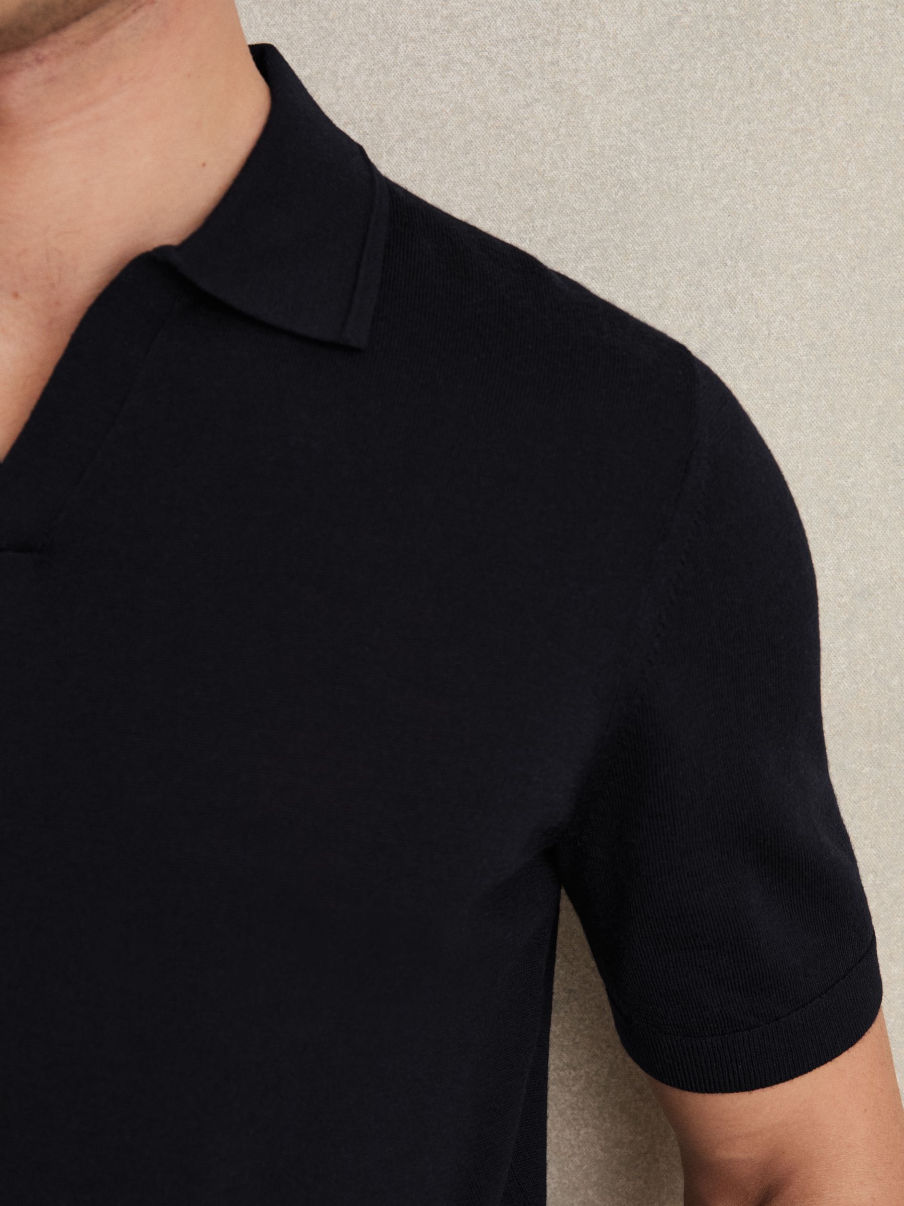 Merino Wool Open Collar Polo Shirt in Navy - Image 4 of 7