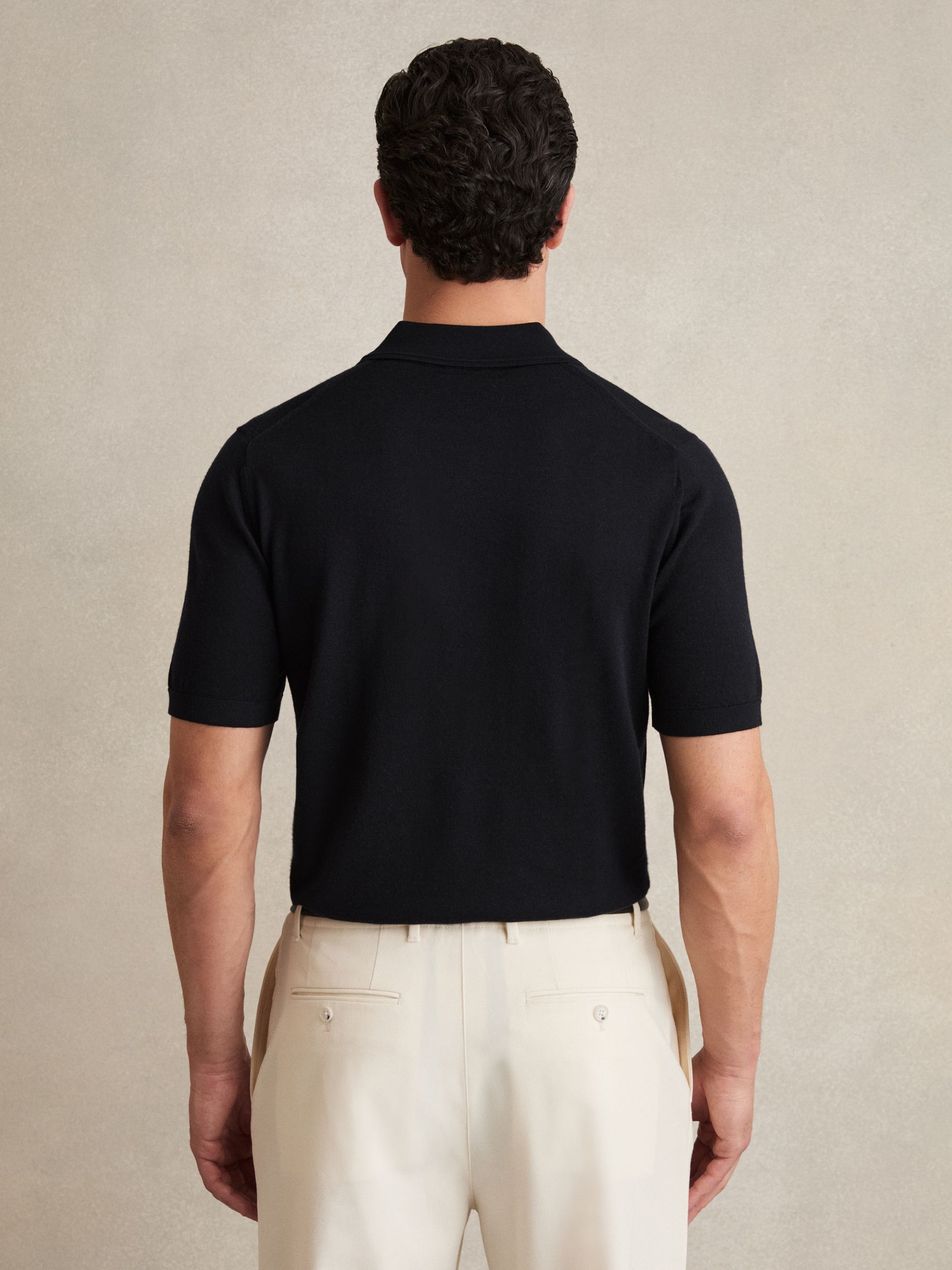 Merino Wool Open Collar Polo Shirt in Navy - Image 5 of 7