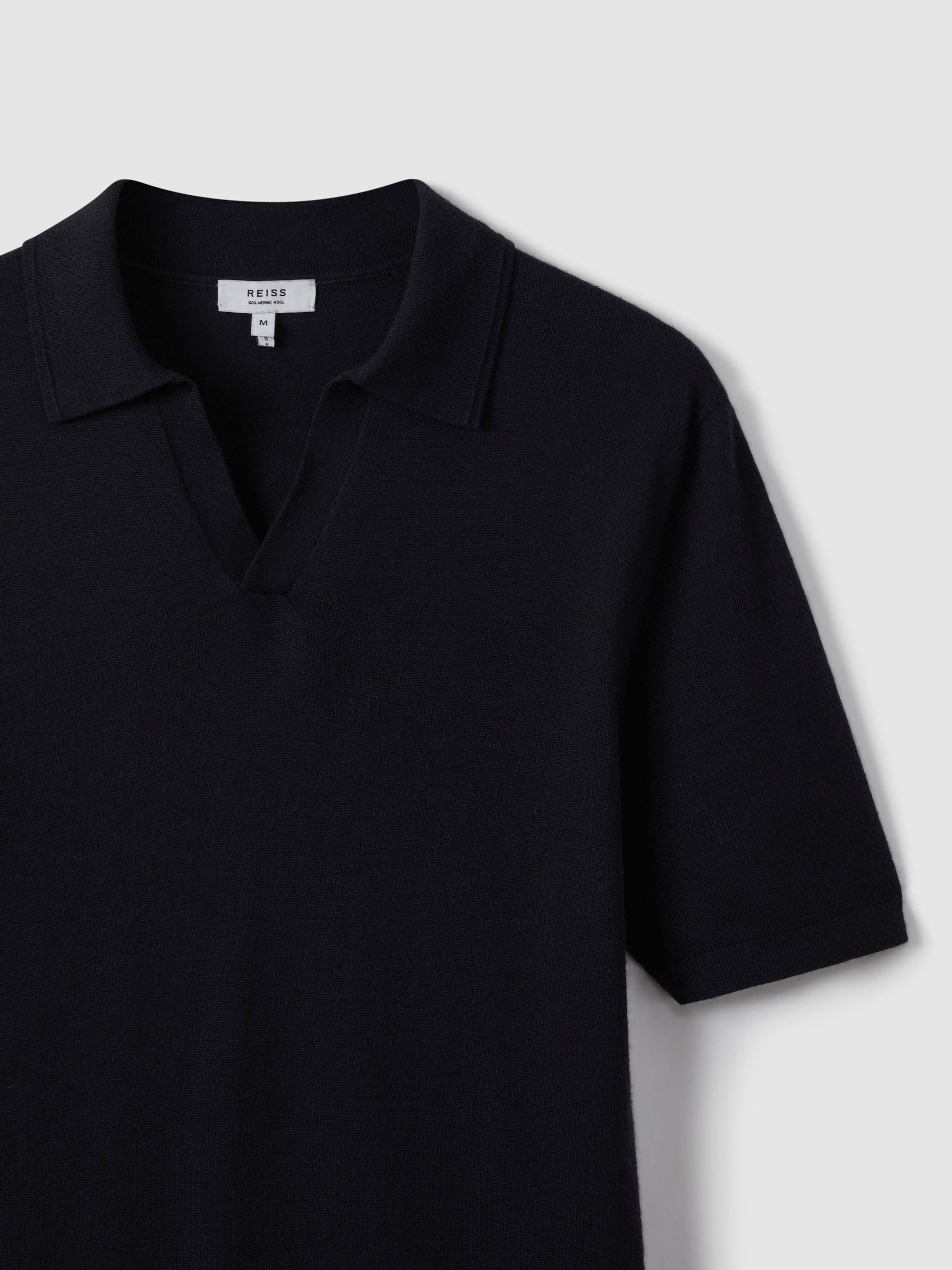 Merino Wool Open Collar Polo Shirt in Navy - Image 6 of 7
