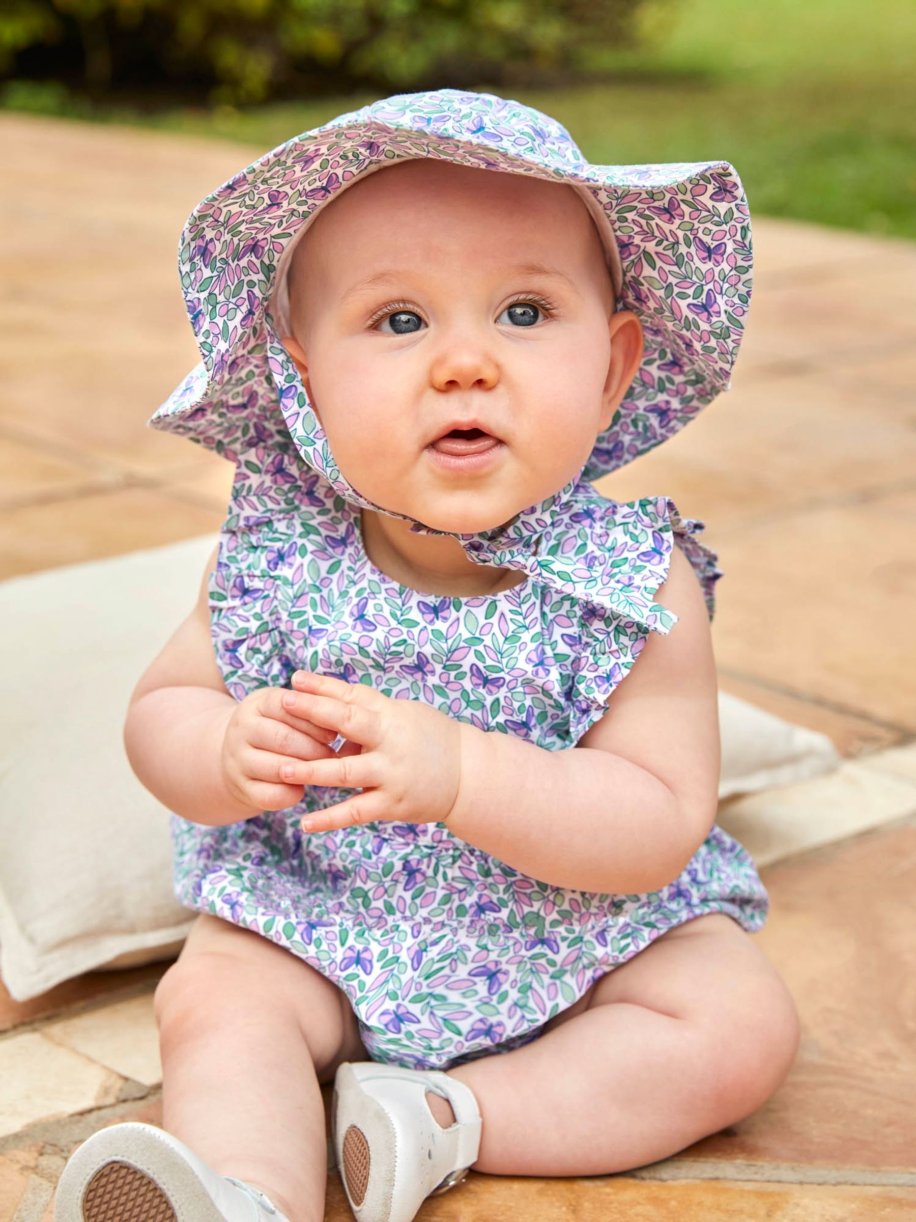 Lilac 2-Piece Butterfly Bloom Print Bubble Romper & Floppy Hat Set - Image 2 of 6