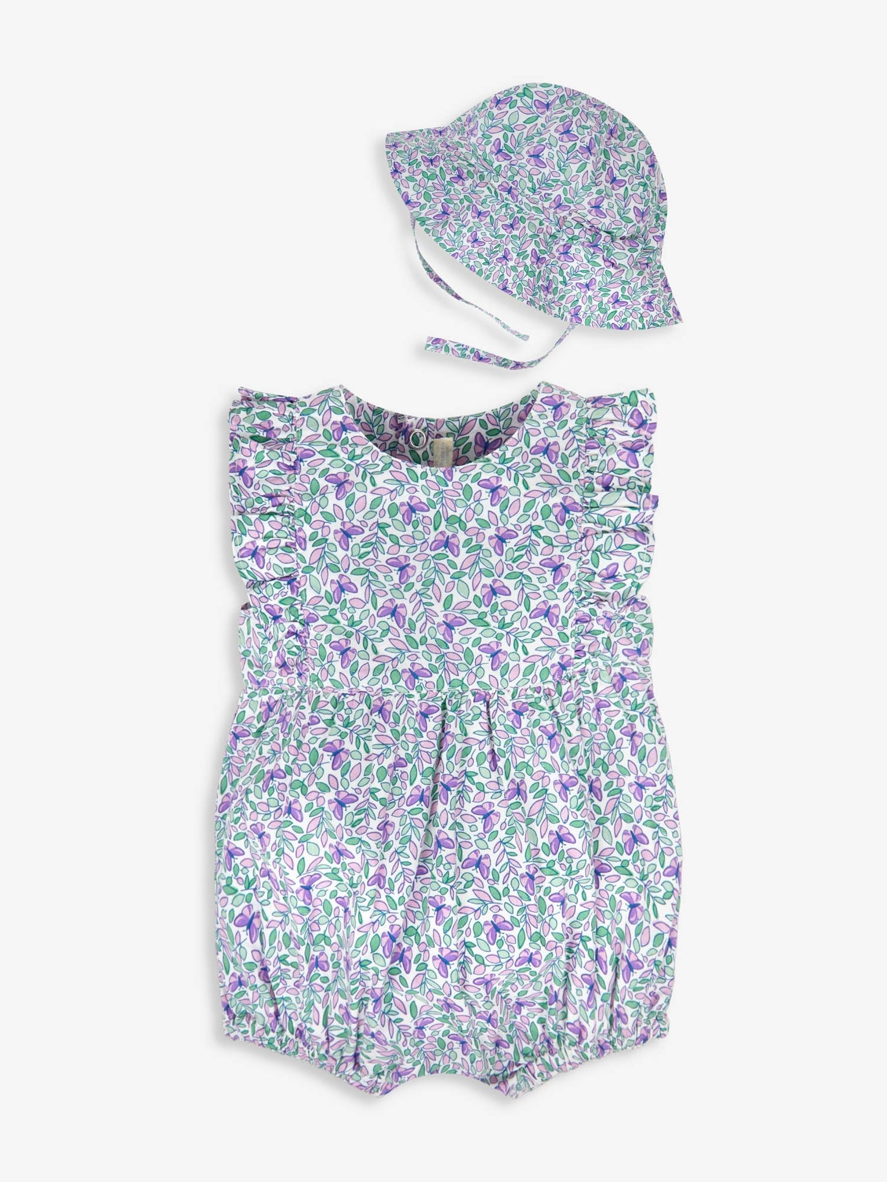 Lilac 2-Piece Butterfly Bloom Print Bubble Romper & Floppy Hat Set - Image 3 of 6
