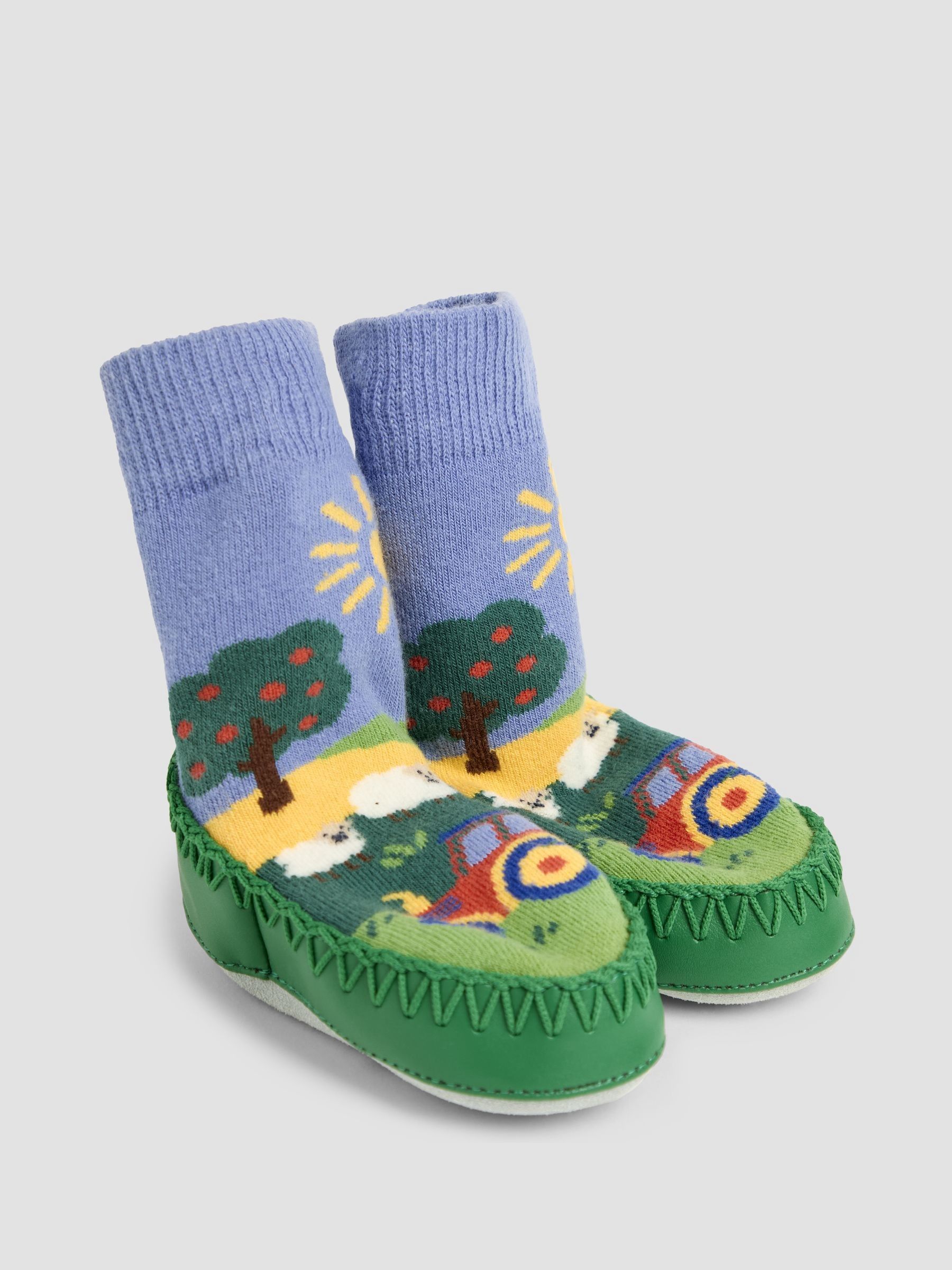 Farm Scene Moccasin Slipper Socks in Blue - Image 1 of 4