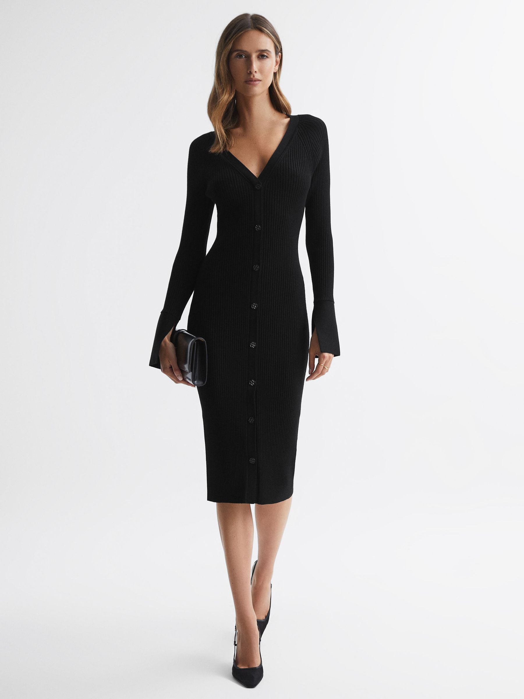 Ribbed Knit Midi Dress in Black - Image 1 of 5 Ribbed Knit Midi Dress in Black - Image 1 of 5