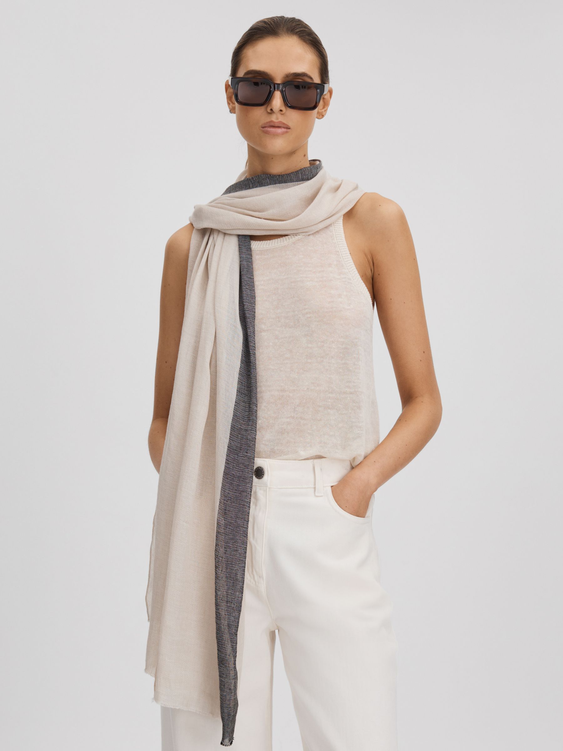 Modal-Linen Striped Scarf in Black - Image 1 of 5