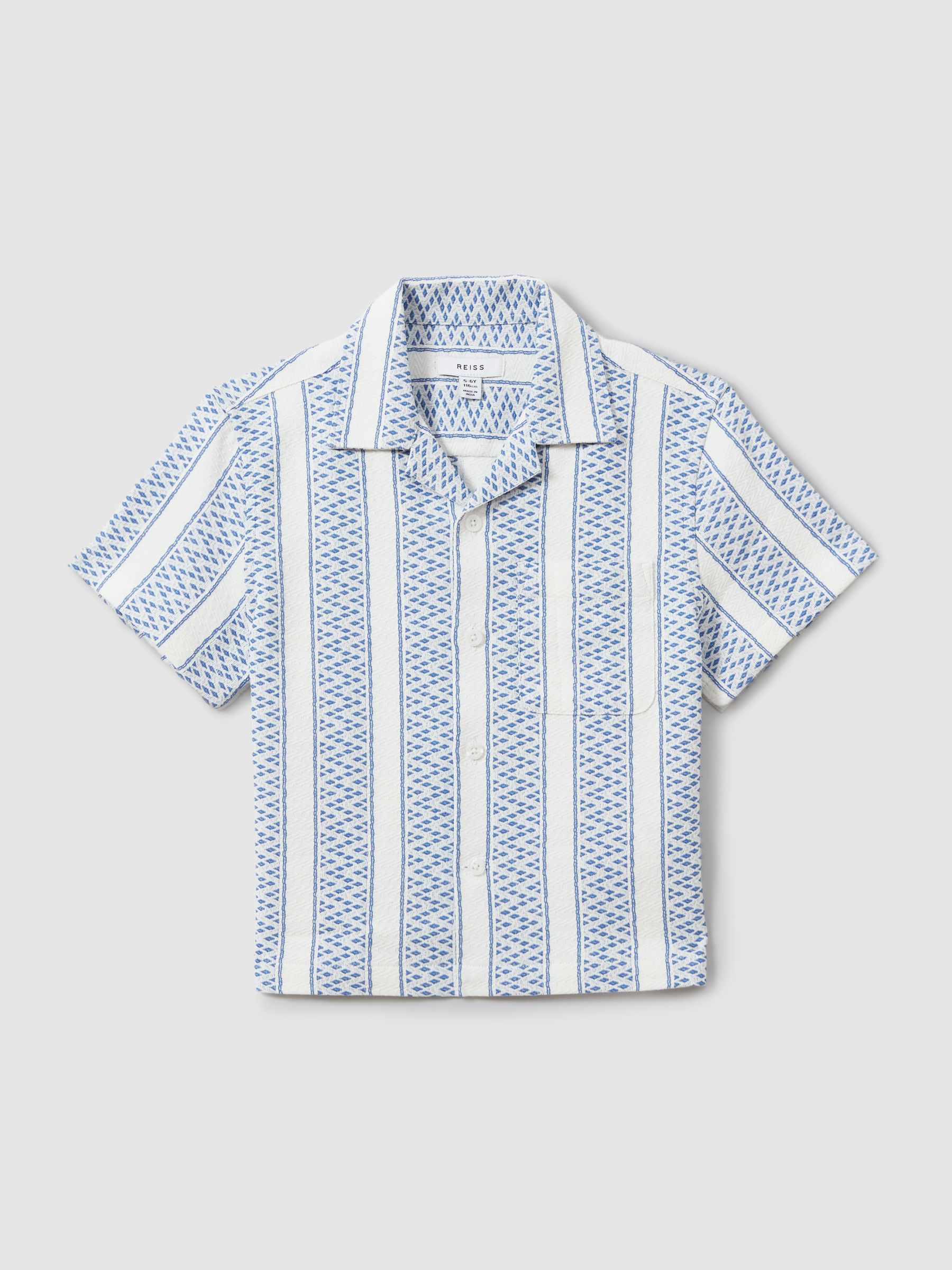 3-9 yrs Herringbone Cuban Collar Shirt in Blue/White - Image 2 of 5 3-9 yrs Herringbone Cuban Collar Shirt in Blue/White - Image 2 of 5