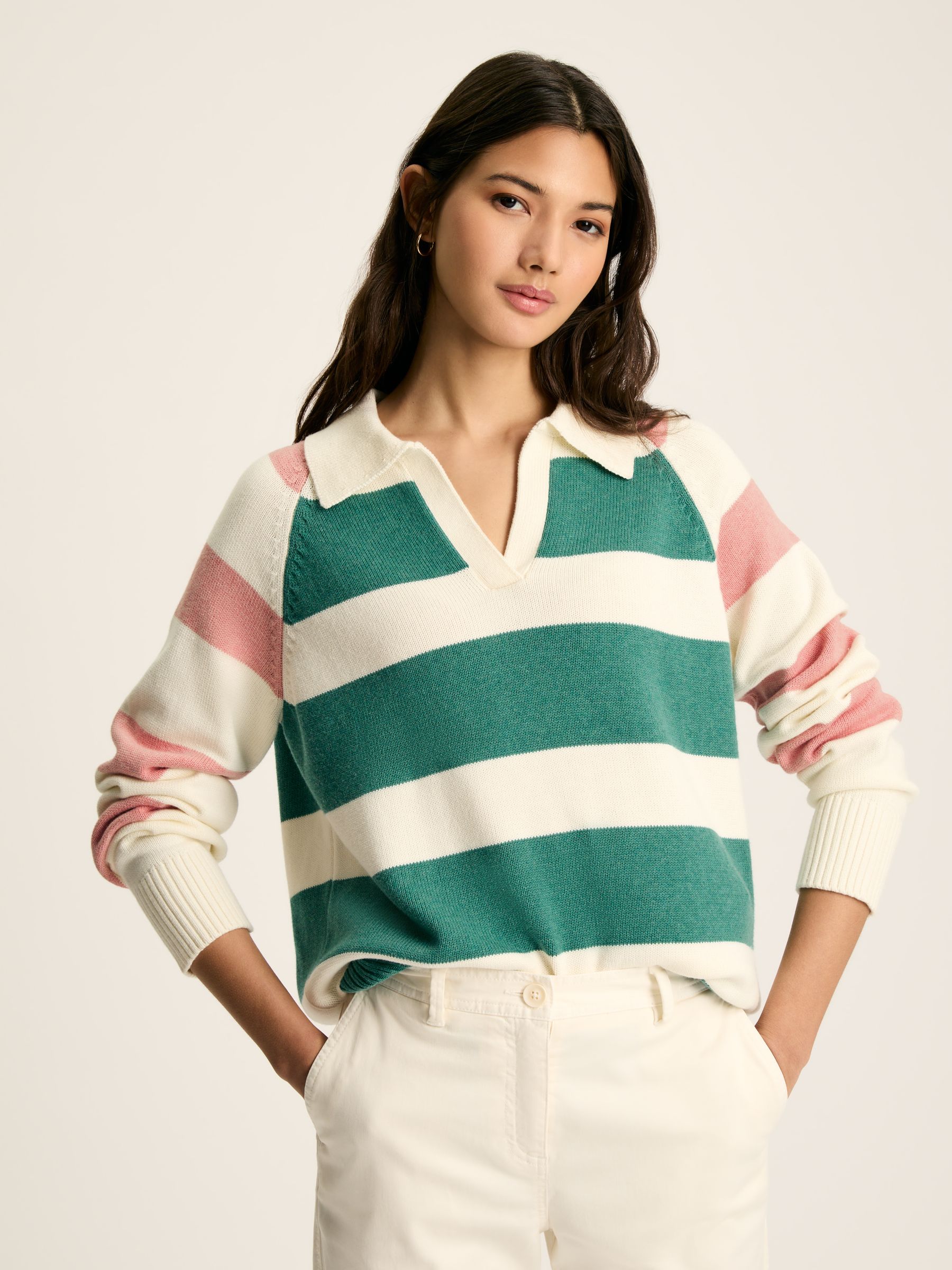 Joules Striped Jumper Marion Pink Green Striped V-Neck Jumper With