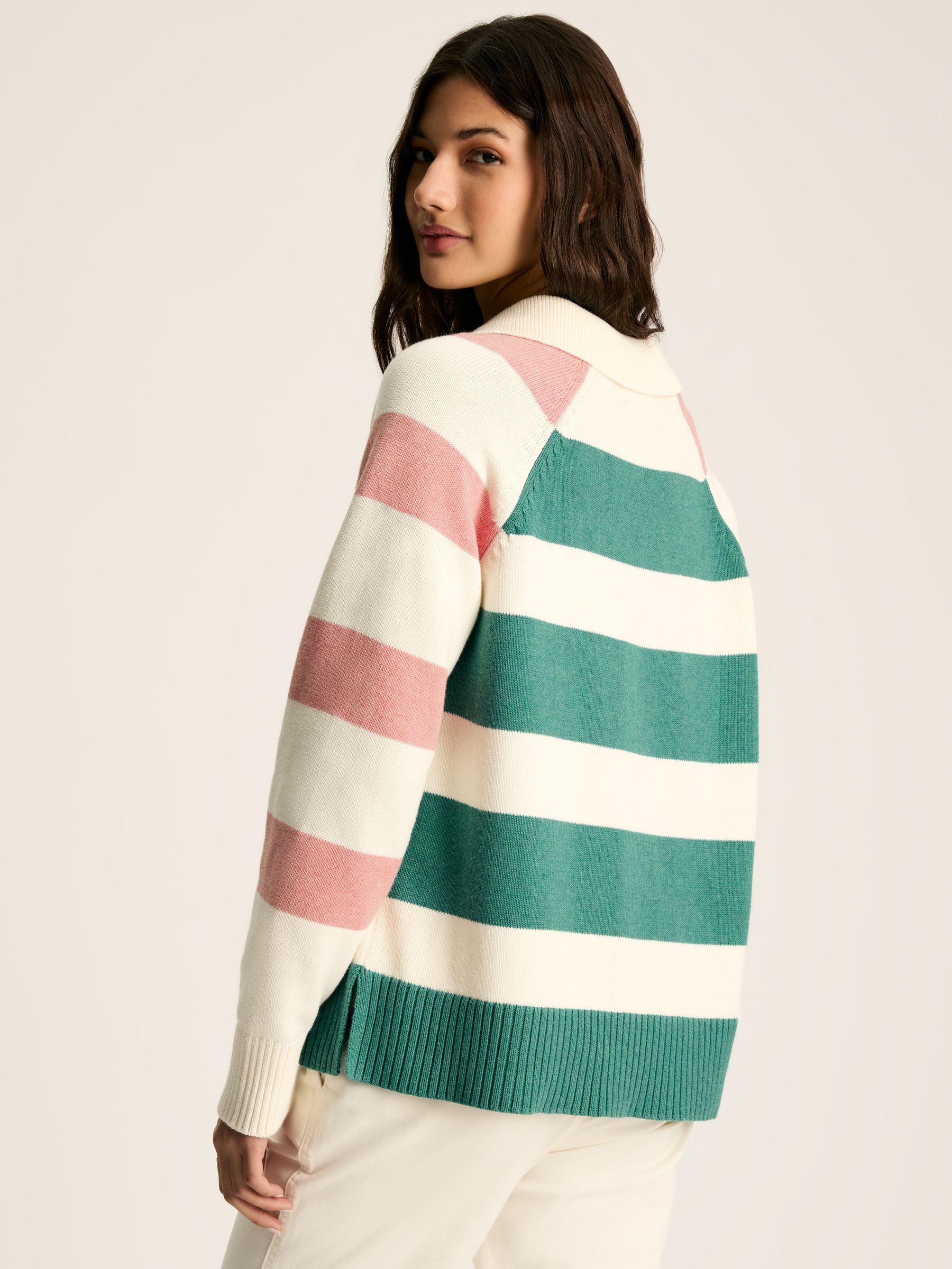 Marion Pink & Green Striped V-Neck Jumper With Collar - Image 2 of 6