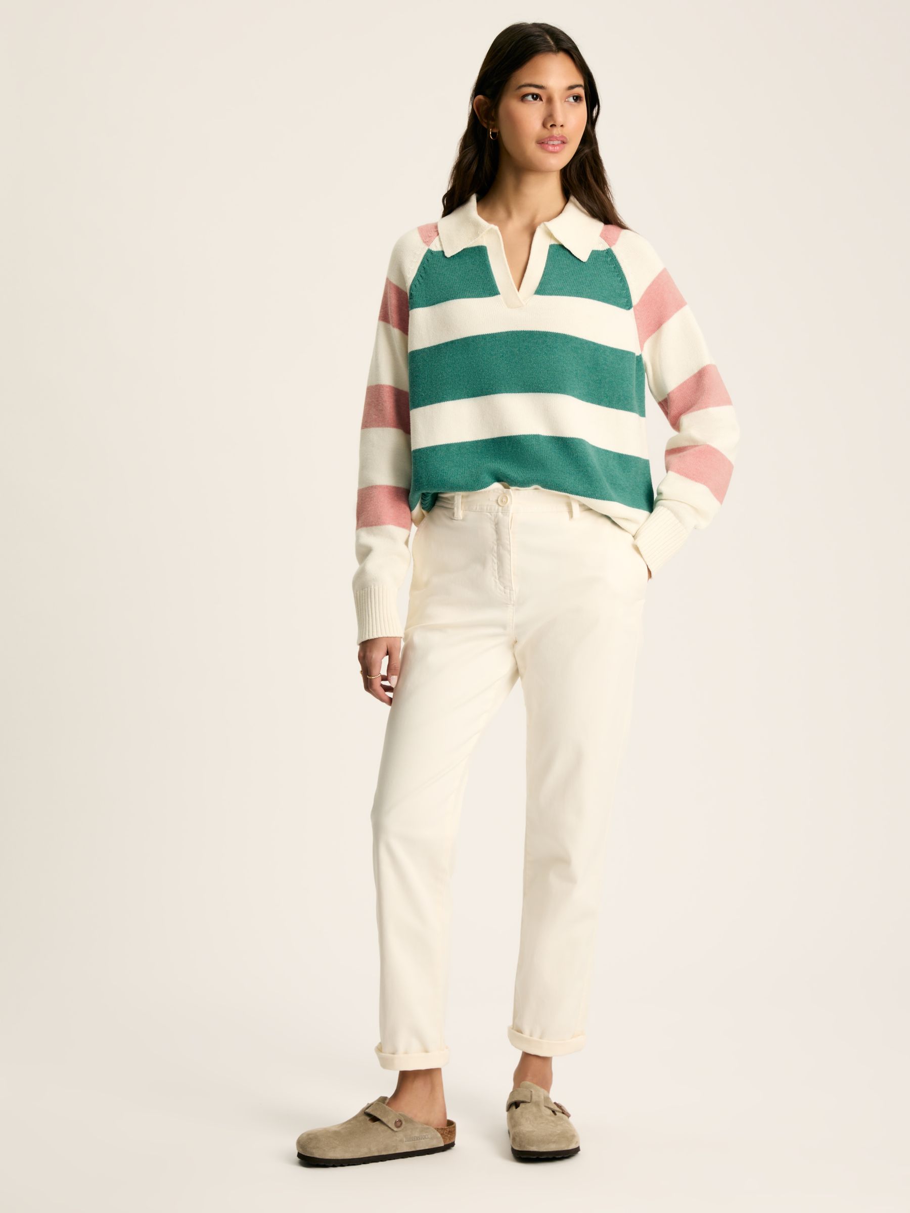 Marion Pink & Green Striped V-Neck Jumper With Collar - Image 3 of 6
