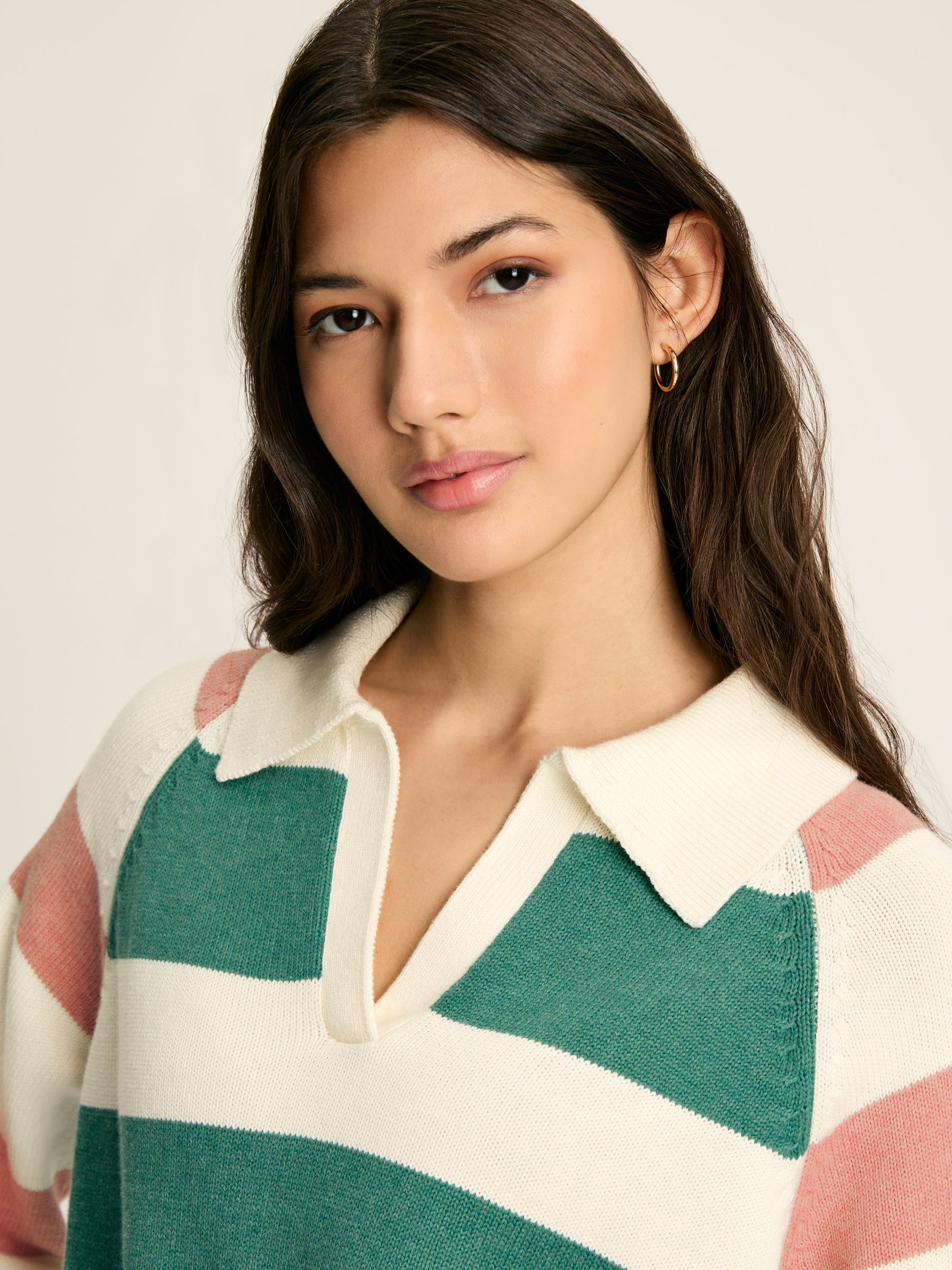 Marion Pink & Green Striped V-Neck Jumper With Collar - Image 4 of 6