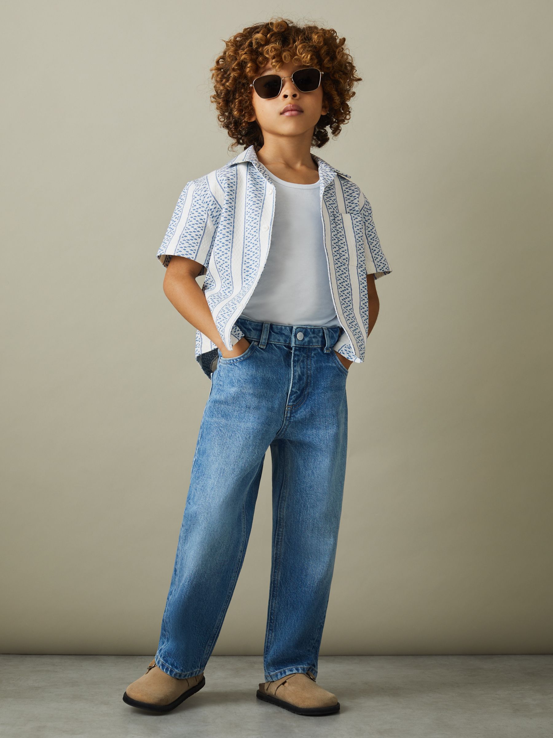 9-13 yrs Herringbone Cuban Collar Shirt in Blue/White - Image 1 of 5