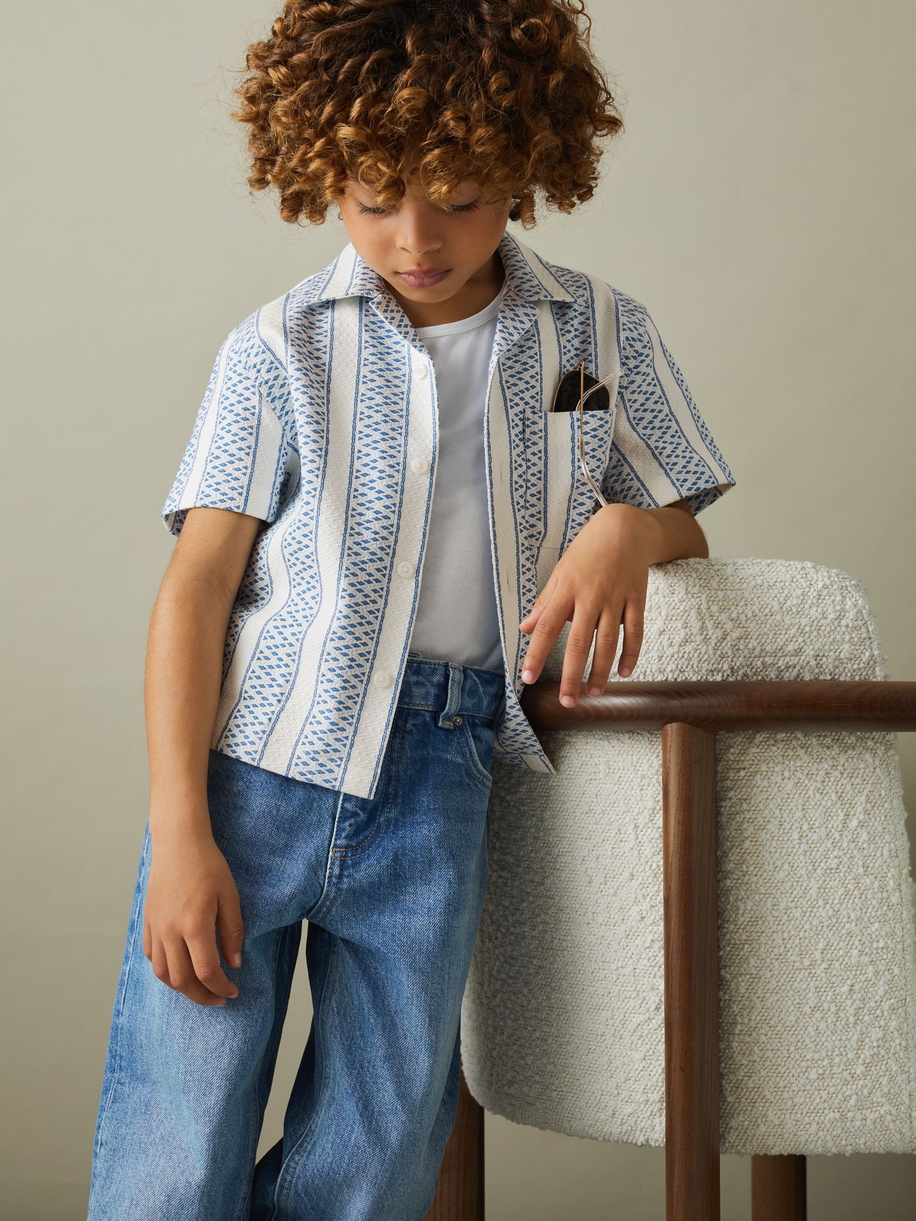 9-13 yrs Herringbone Cuban Collar Shirt in Blue/White - Image 4 of 5