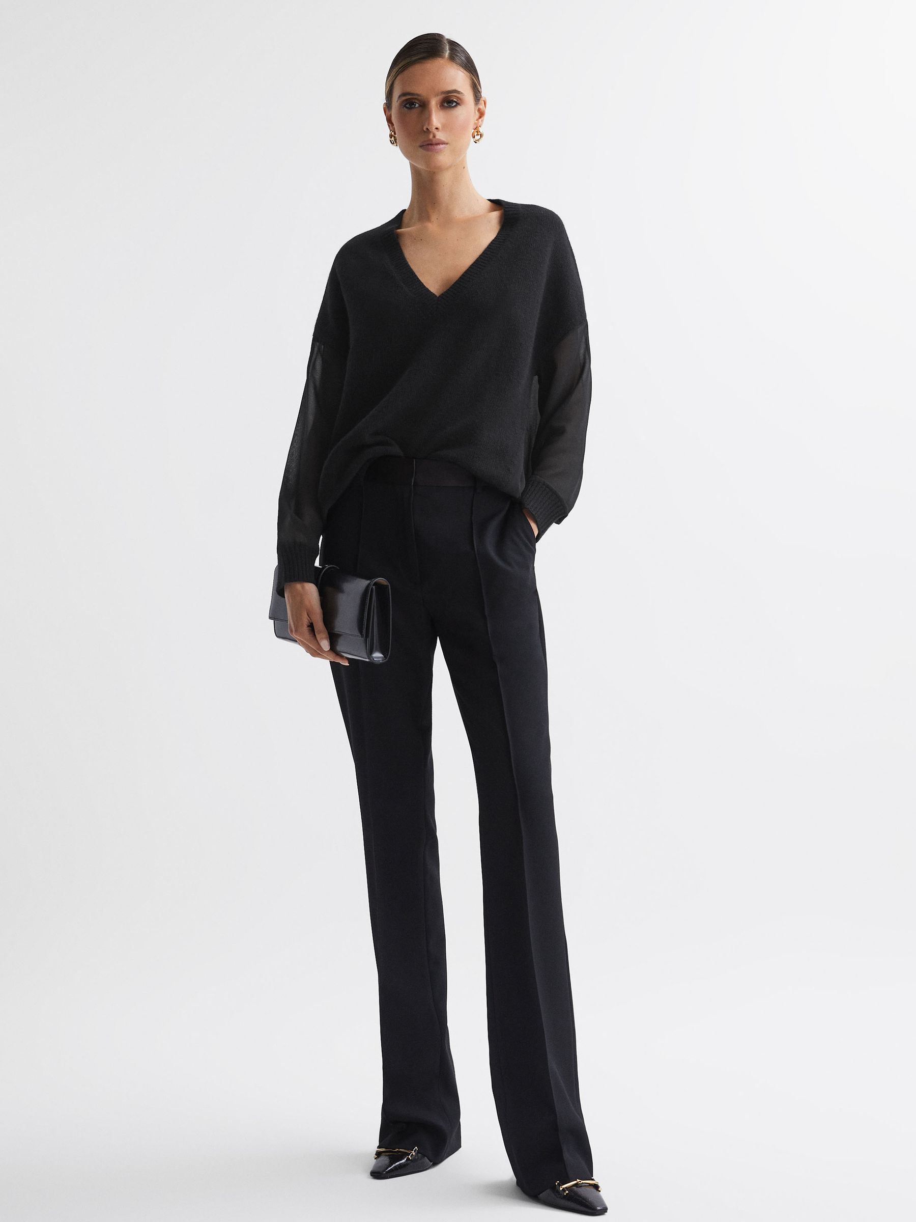 Hybrid Knit and Sheer V-Neck Jumper in Black - Image 3 of 6